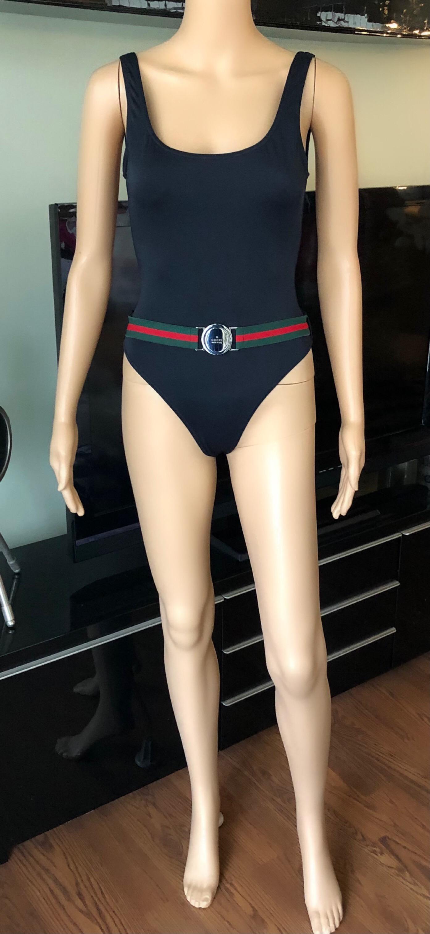 Women's or Men's Tom Ford for Gucci S/S 1999 Vintage Logo Belted Backless Black Bodysuit Swimsuit For Sale