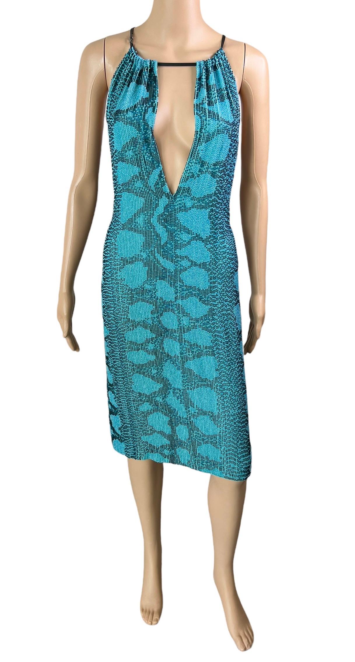 Blue Tom Ford for Gucci S/S 2000 Runway Embellished Plunging Python Print Midi Dress