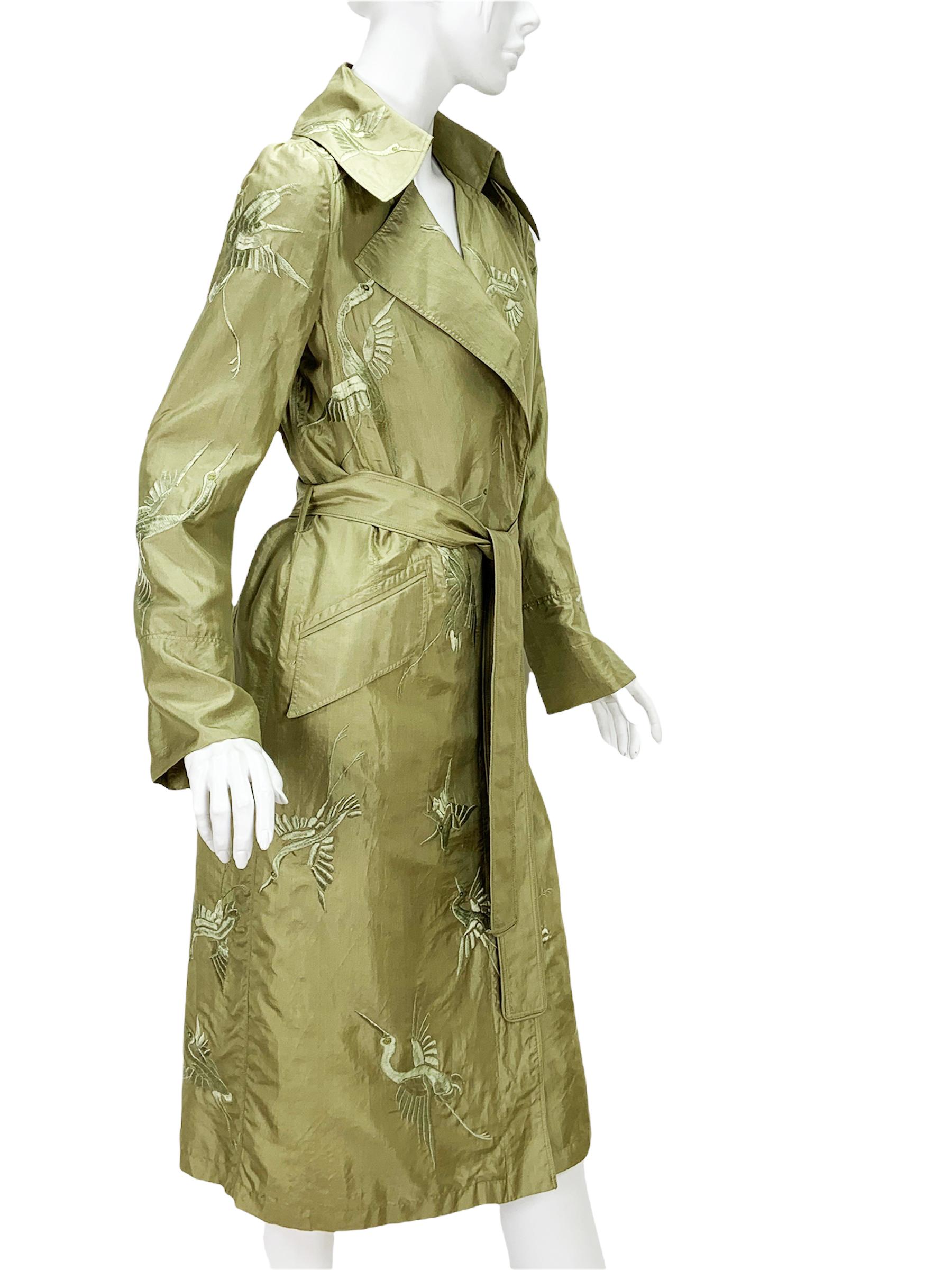 Tom Ford for Gucci Silk Green Embroidered Trench Coat
S/S 2002 Collection - Limited Edition !!!
Designer size - 38 (please check measurements - will fit bigger size also).
100% Silk, Sage Green Color,  Tone-to-Tone Silk Threads Crane Bird