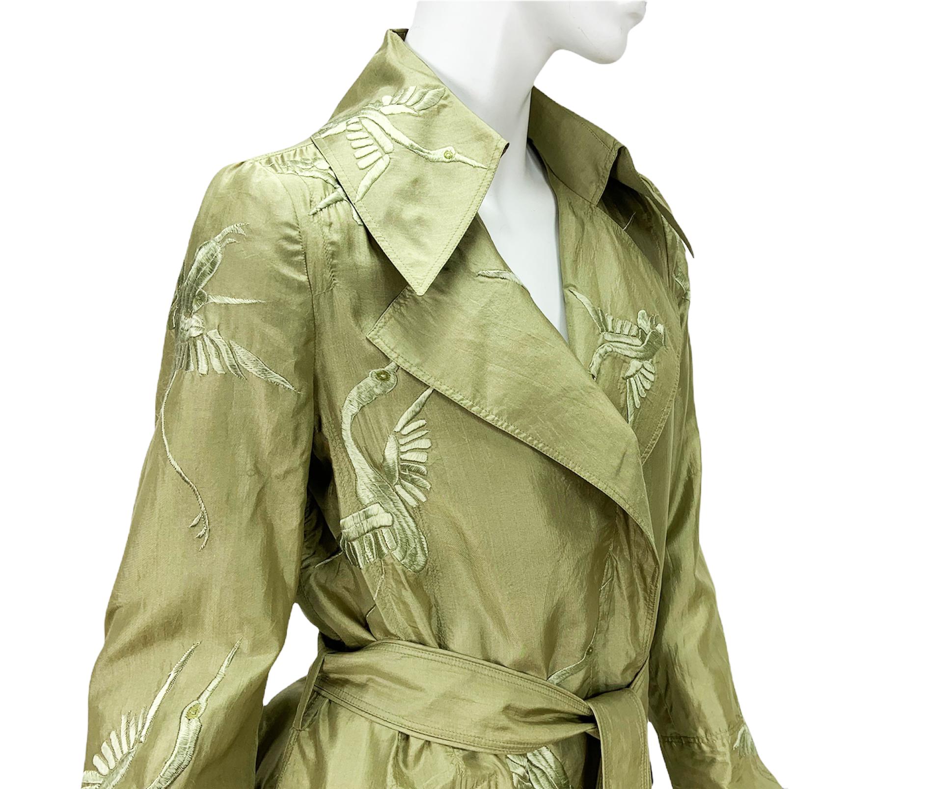 Brown Tom Ford for Gucci S/S 2002 Green Silk Crane Birds Embroidery Trench Coat  For Sale