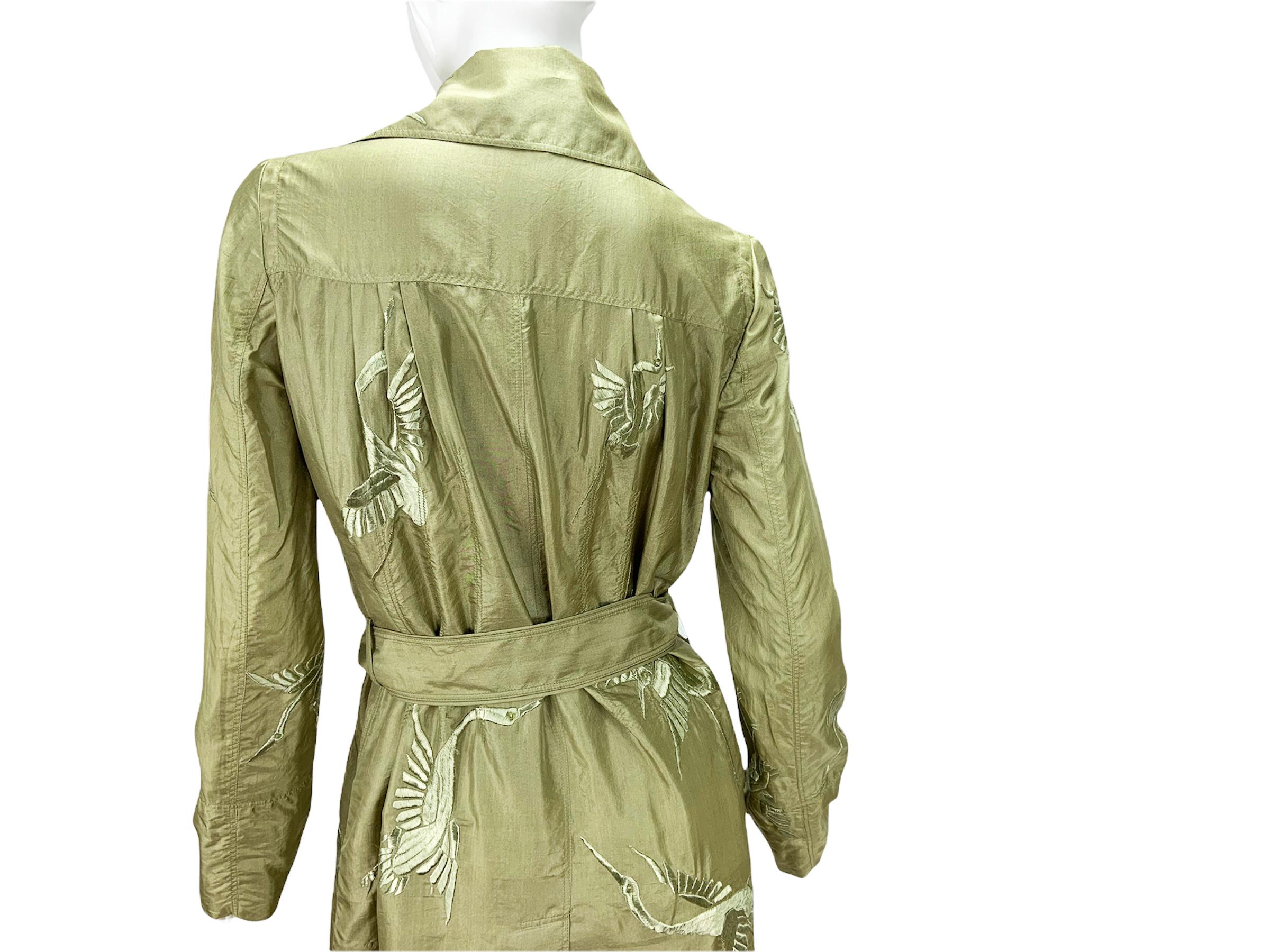 Women's Tom Ford for Gucci S/S 2002 Green Silk Crane Birds Embroidery Trench Coat  For Sale