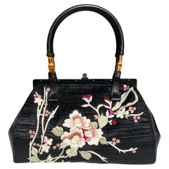 Tom Ford for Gucci S/S 2003 Black Silk Frame Japanese Embroidered Flowers Bag