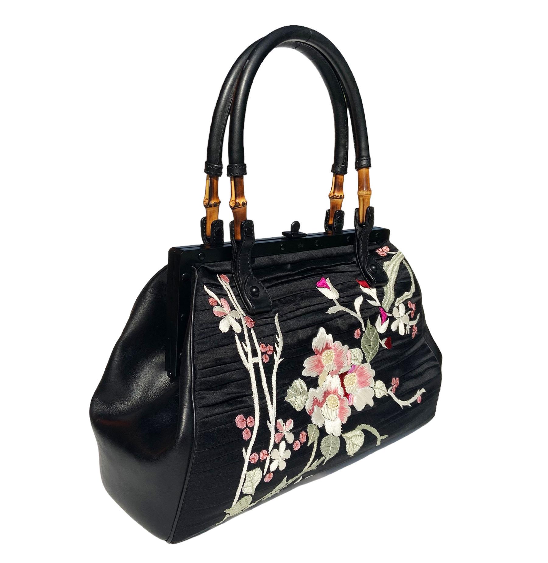 Tom Ford For Gucci S/S 2003 Collection Black Silk Frame Japanese Flowers Bag In Excellent Condition For Sale In Montgomery, TX