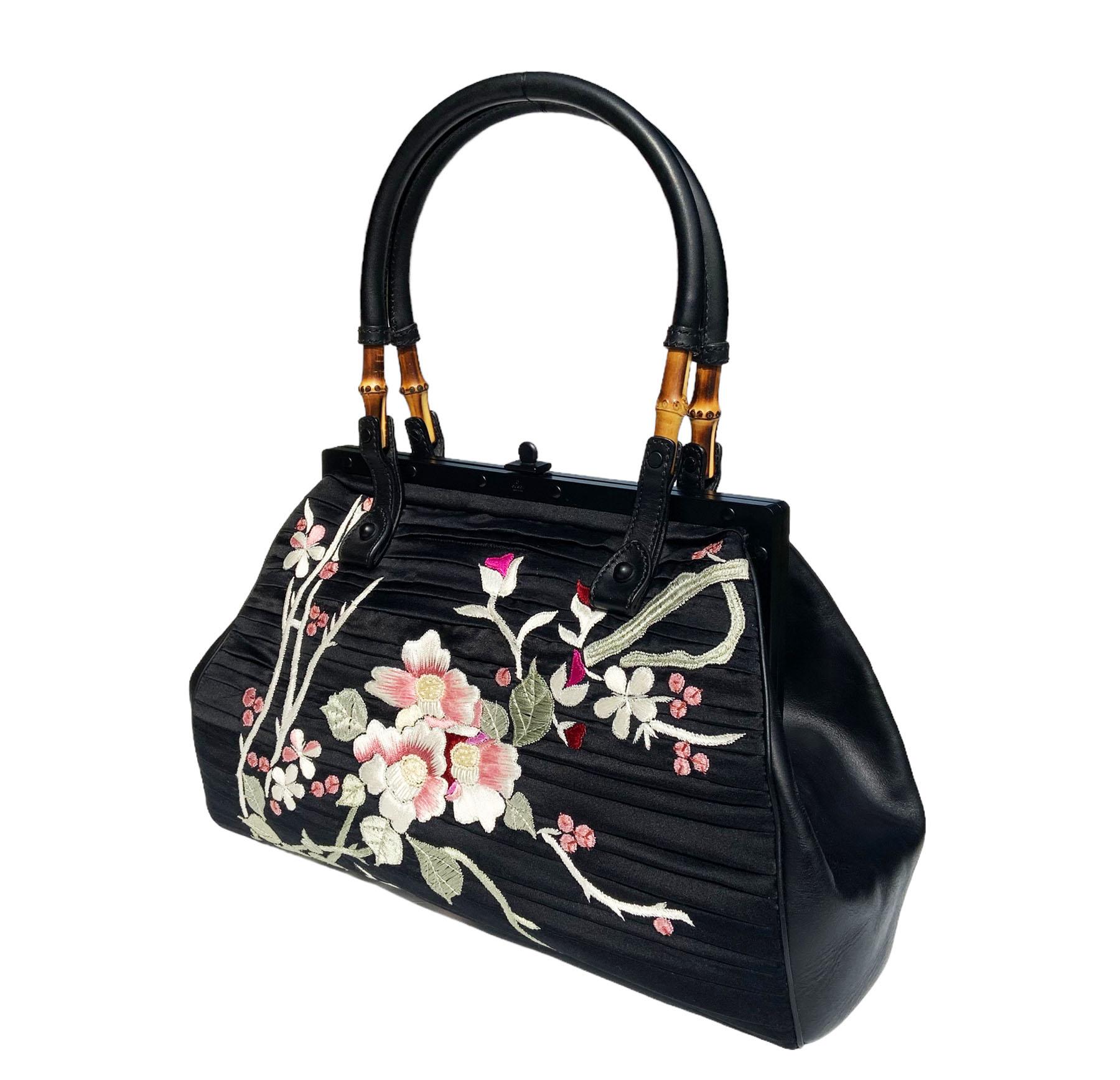 Women's Tom Ford For Gucci S/S 2003 Collection Black Silk Frame Japanese Flowers Bag For Sale