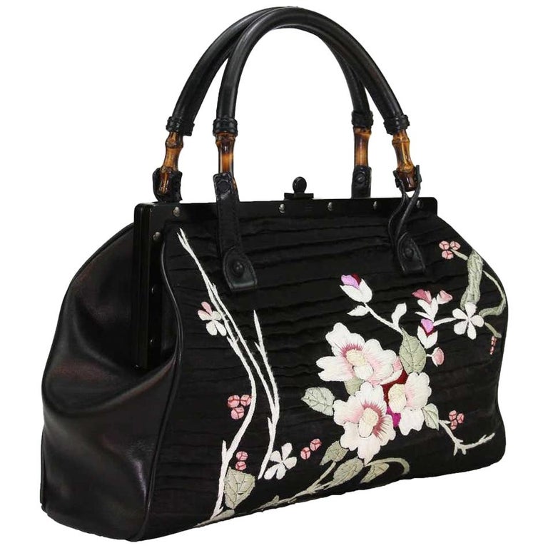 Tom Ford For Gucci S/S 2003 Collection Black Silk Frame Japanese Flowers Bag  For Sale