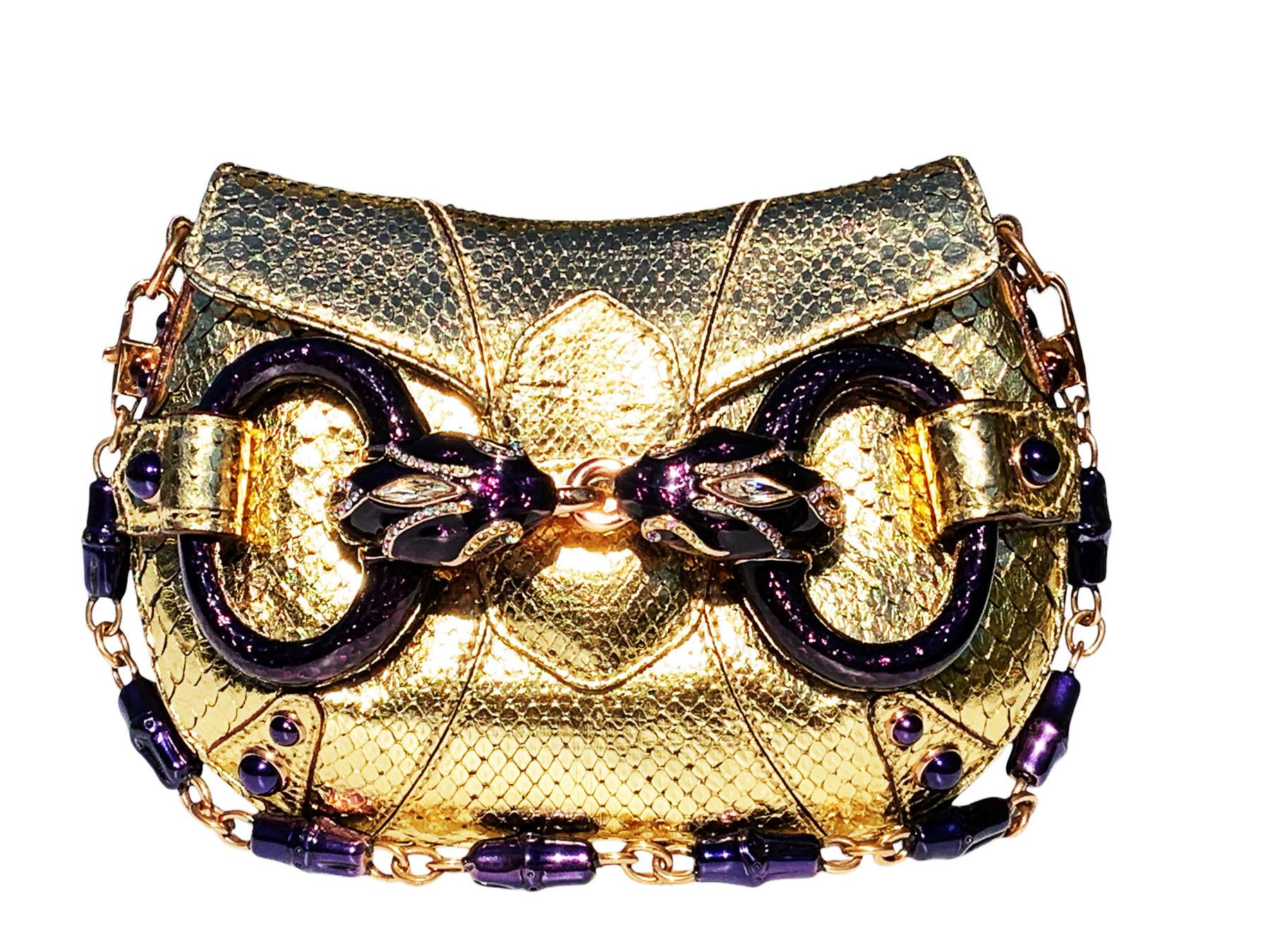 Women's Tom Ford for Gucci S/S 2004 Gold Purple Snake Enamel Serpent Clutch
