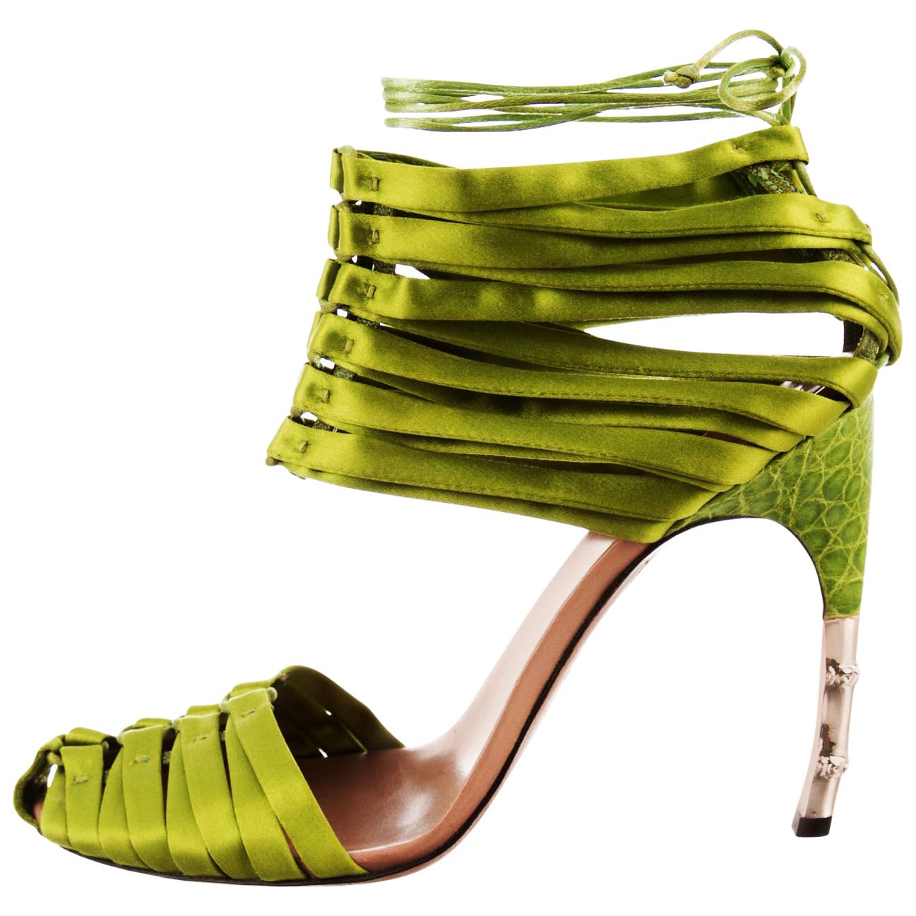 TOM FORD for GUCCI S/S 2004 Green Crocodile Satin Corset Shoes Sandals 9 - It.39