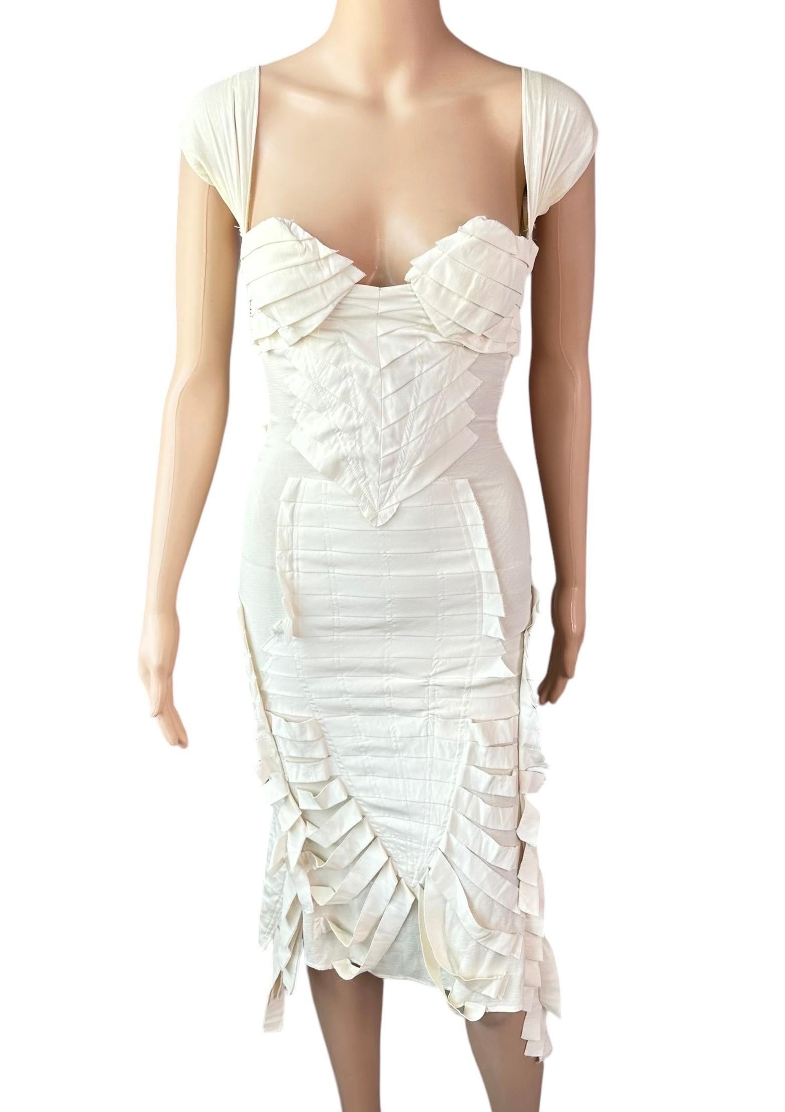 Tom Ford for Gucci S/S 2004 Runway Bustier Open Back Fringe Silk Ivory Dress 8