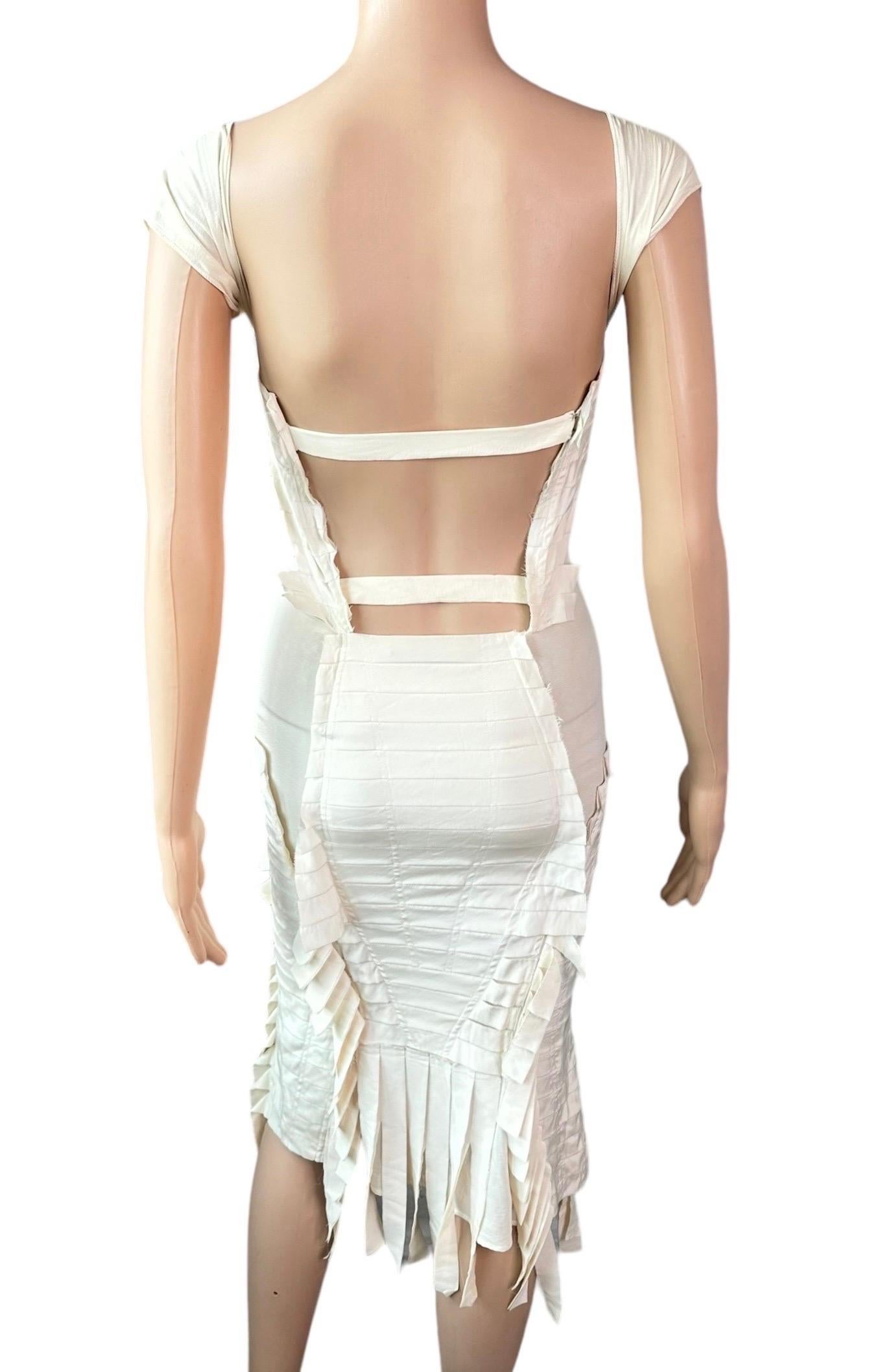 Tom Ford for Gucci S/S 2004 Runway Bustier Open Back Fringe Silk Ivory Dress In Good Condition In Naples, FL