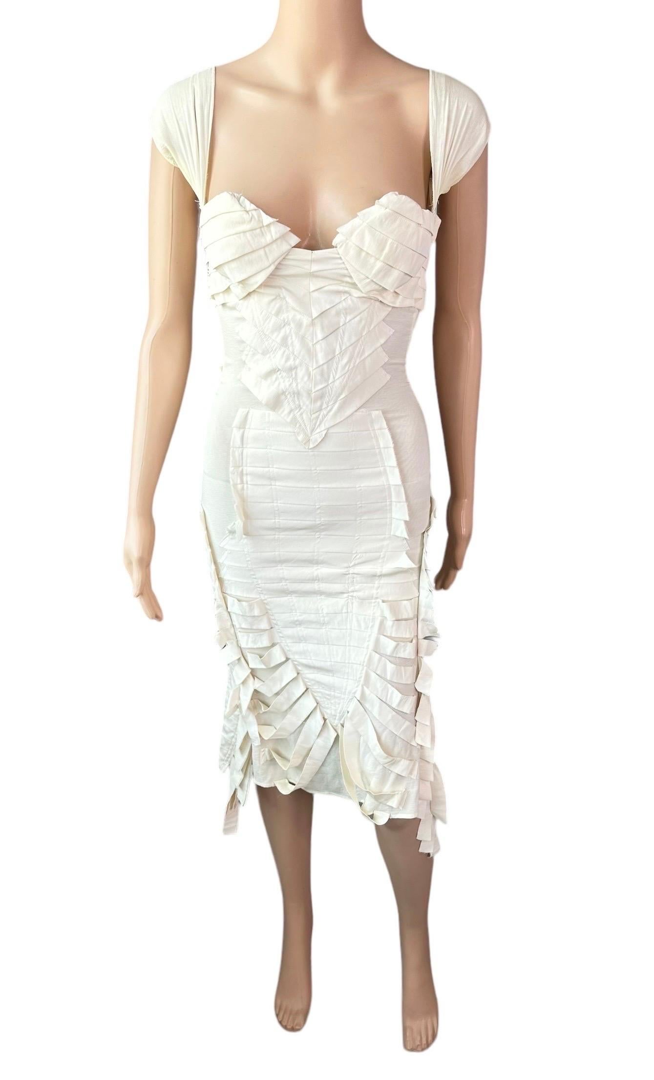 Women's Tom Ford for Gucci S/S 2004 Runway Bustier Open Back Fringe Silk Ivory Dress