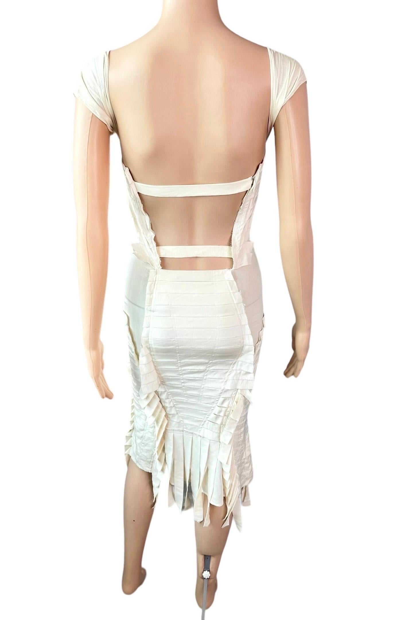 Tom Ford for Gucci S/S 2004 Runway Bustier Open Back Fringe Silk Ivory Dress 1