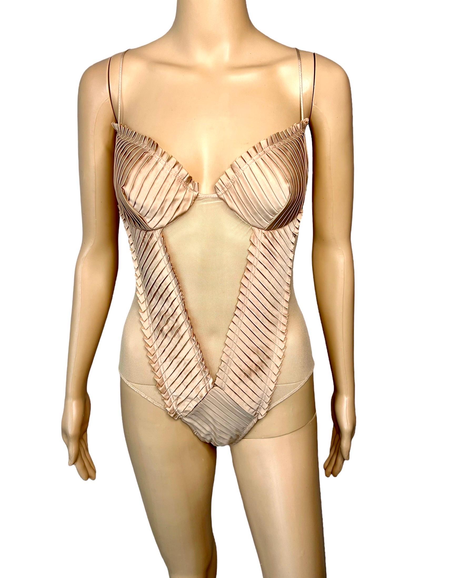 Beige Tom Ford for Gucci S/S 2004 Runway Bustier Sheer Cutout Lingerie Bodysuit Top For Sale