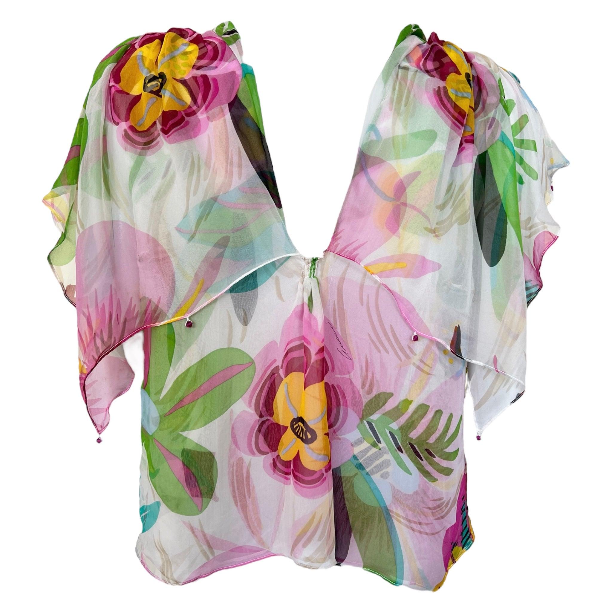 Tom Ford for Gucci S/S Seidenbluse mit tropischem Blumendruck, 1999 (Grau) im Angebot
