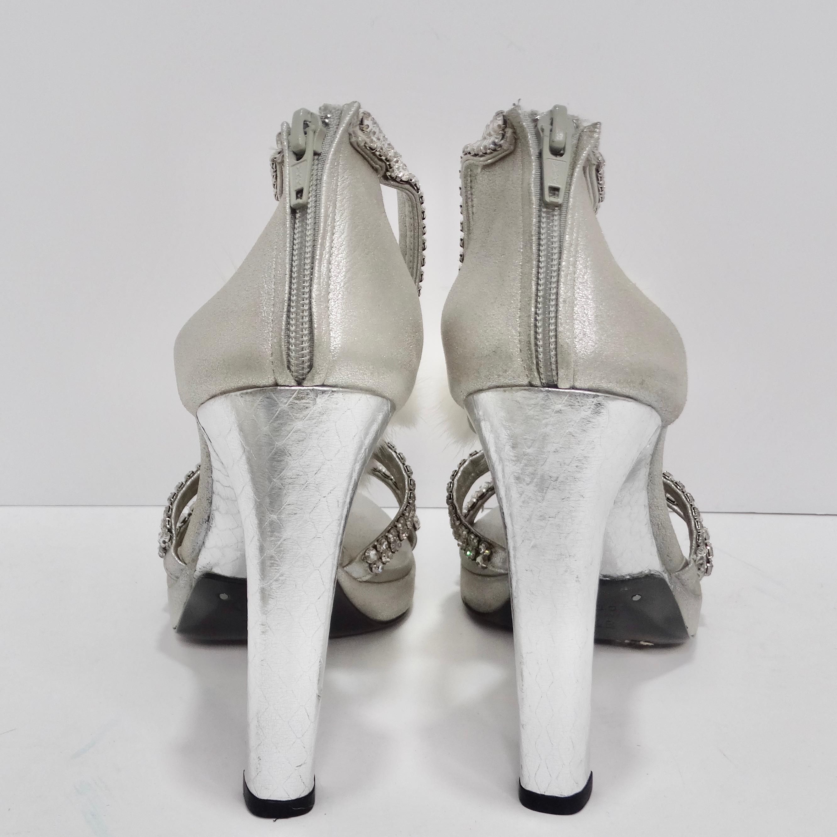 Tom Ford for Gucci Silver Strappy White Mink Leather Crystal Platform Shoes For Sale 6