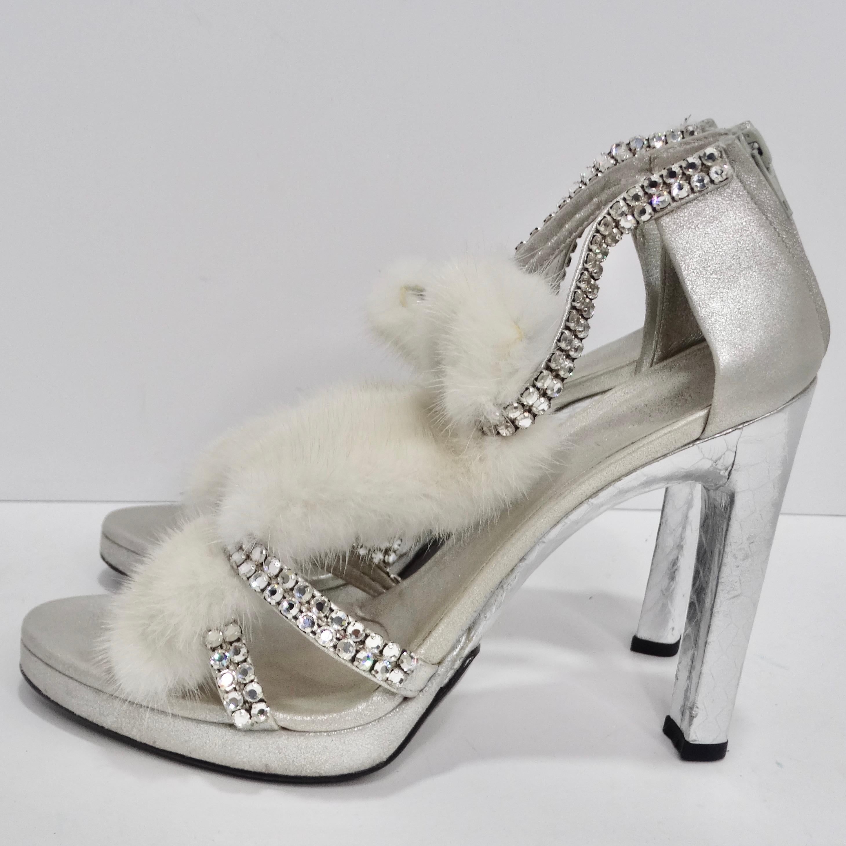Tom Ford for Gucci Silver Strappy White Mink Leather Crystal Platform Shoes For Sale 7