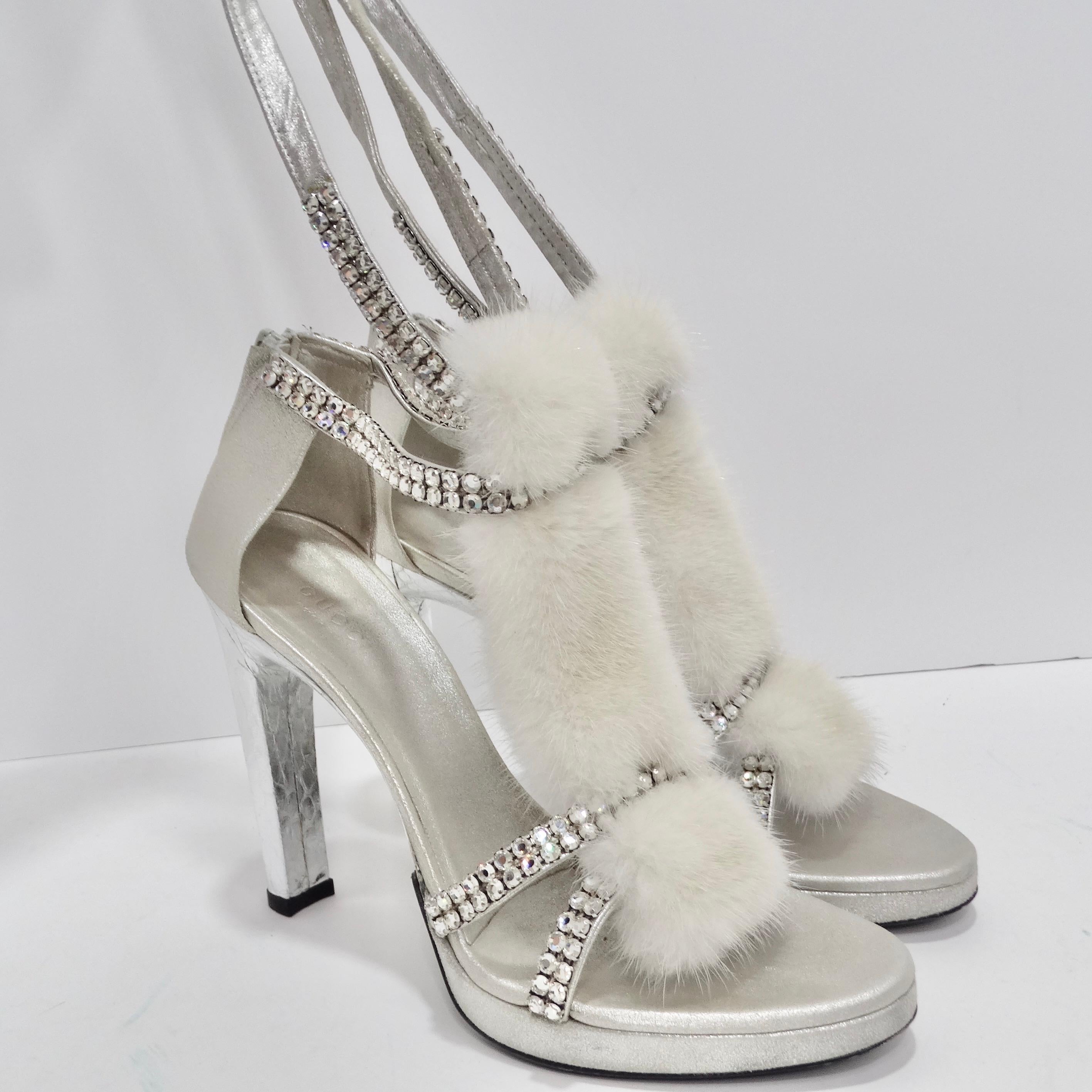 Tom Ford for Gucci Silver Strappy White Mink Leather Crystal Platform Shoes For Sale 10