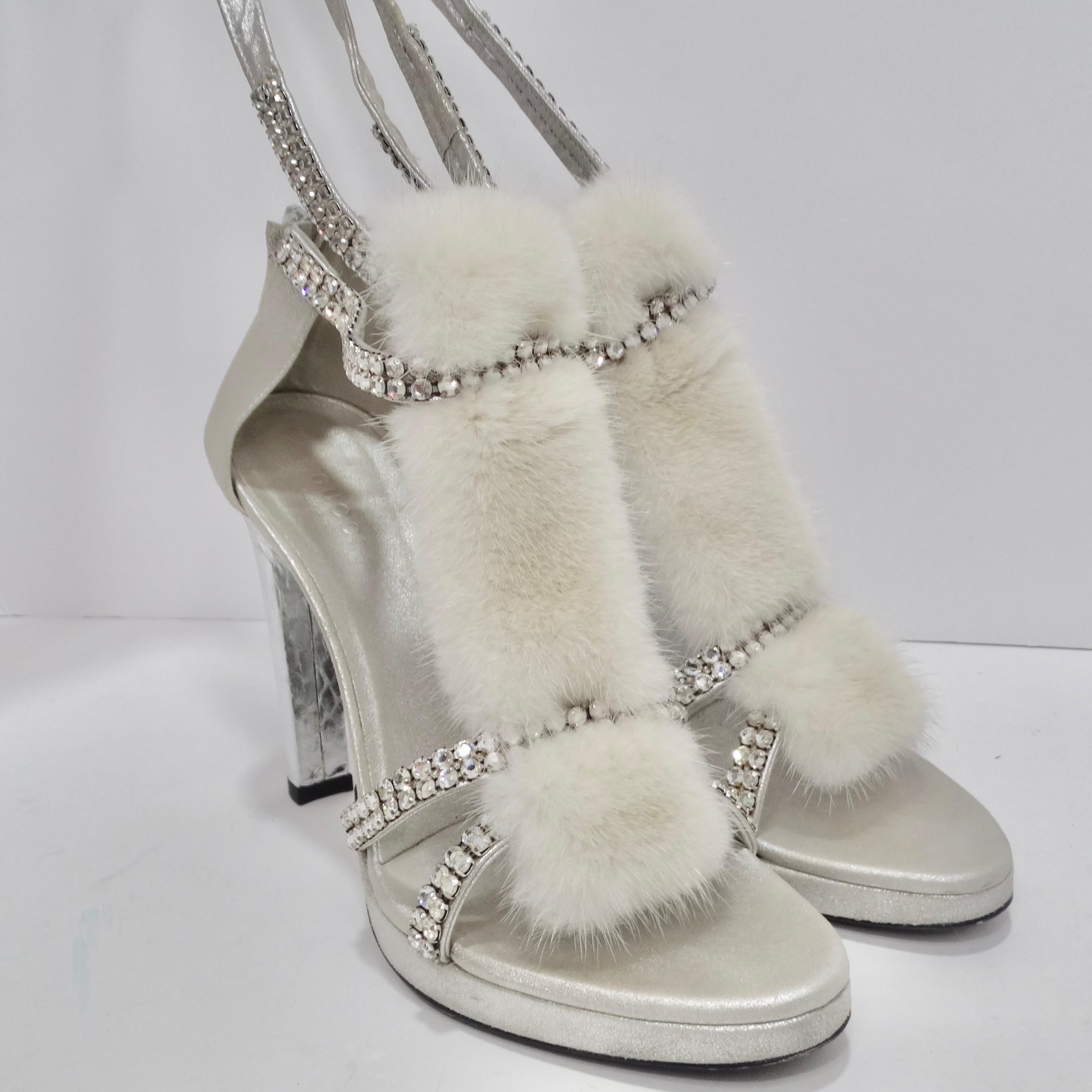 Tom Ford for Gucci Silver Strappy White Mink Leather Crystal Platform Shoes For Sale 11