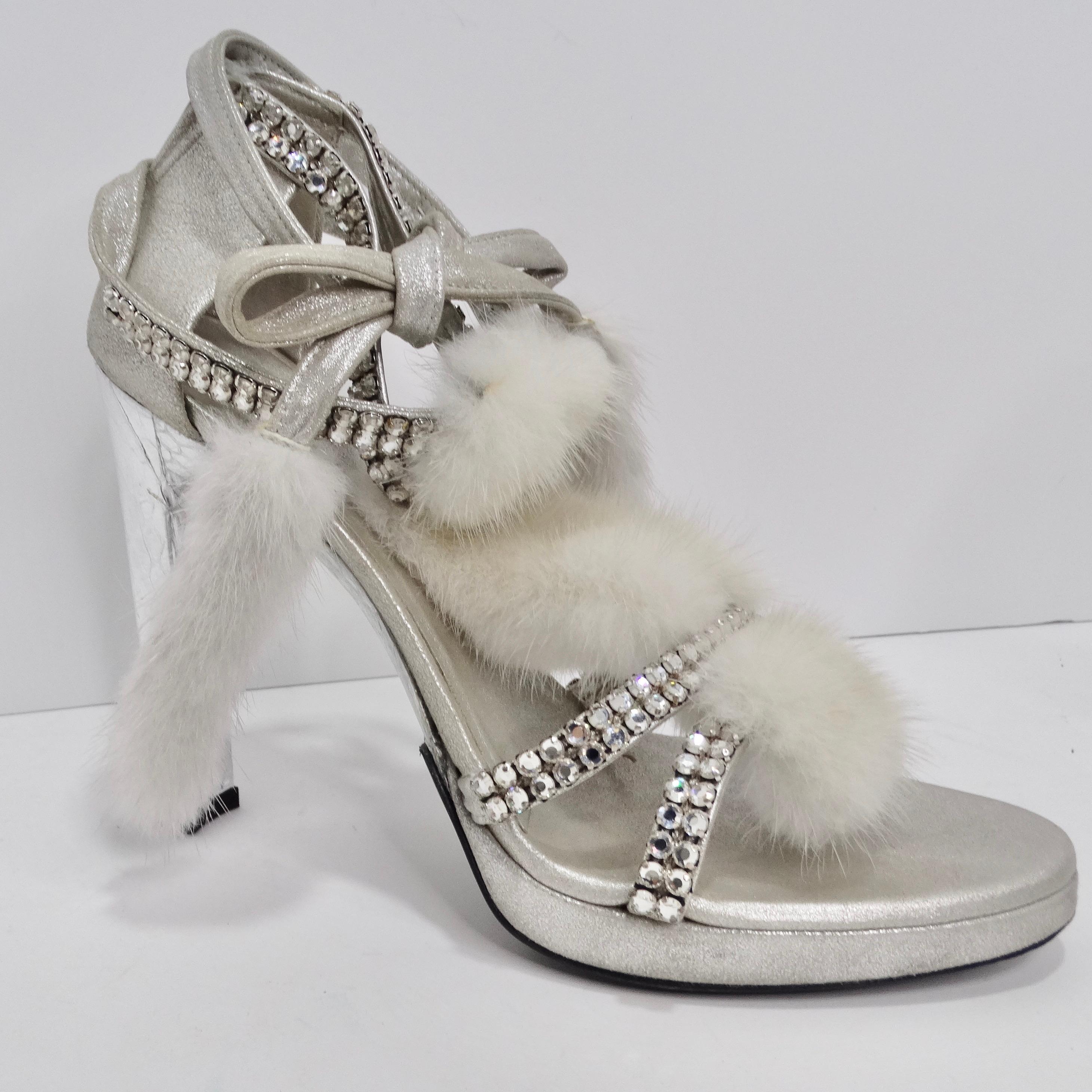 Women's or Men's Tom Ford for Gucci Silver Strappy White Mink Leather Crystal Platform Shoes For Sale