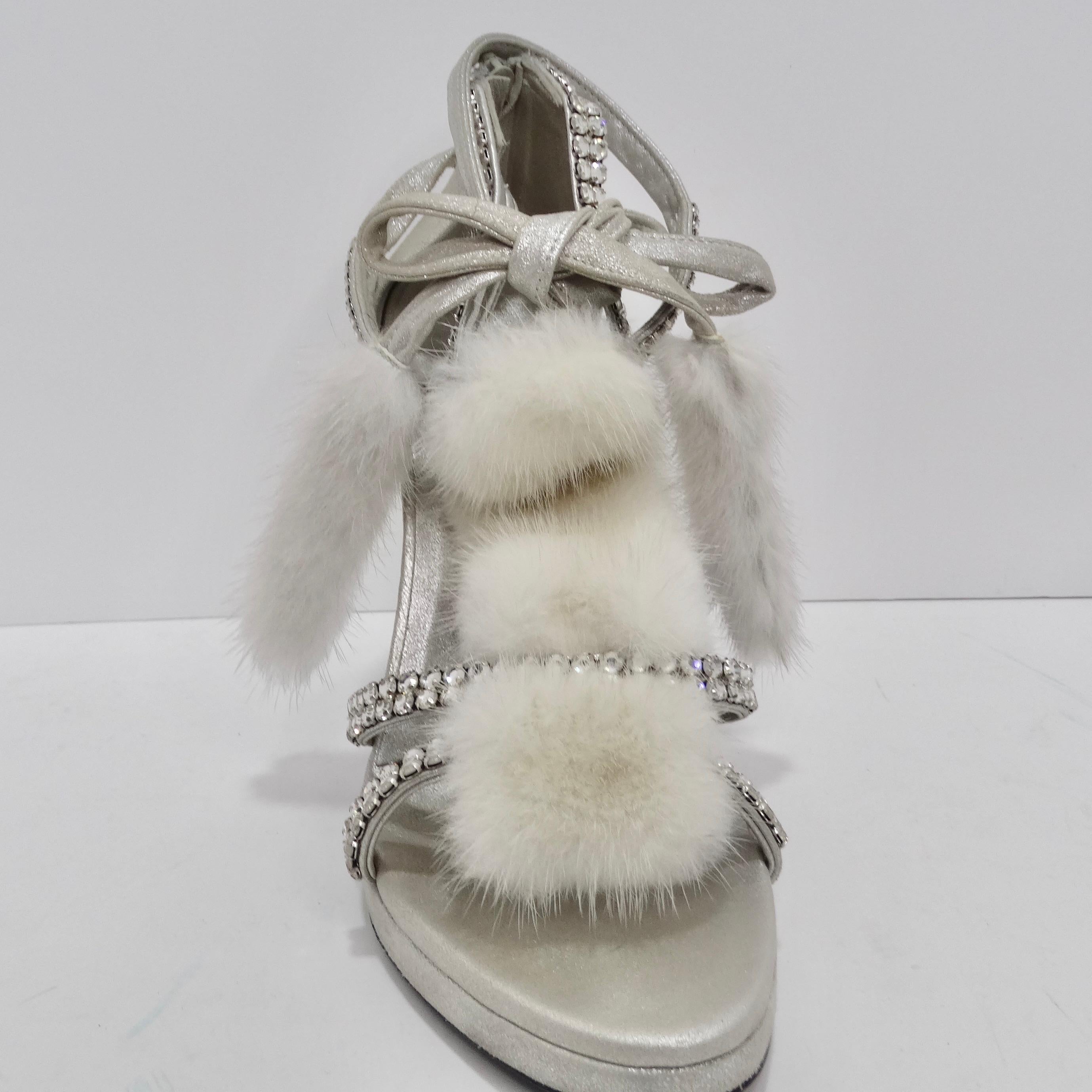 Tom Ford for Gucci Silver Strappy White Mink Leather Crystal Platform Shoes For Sale 1