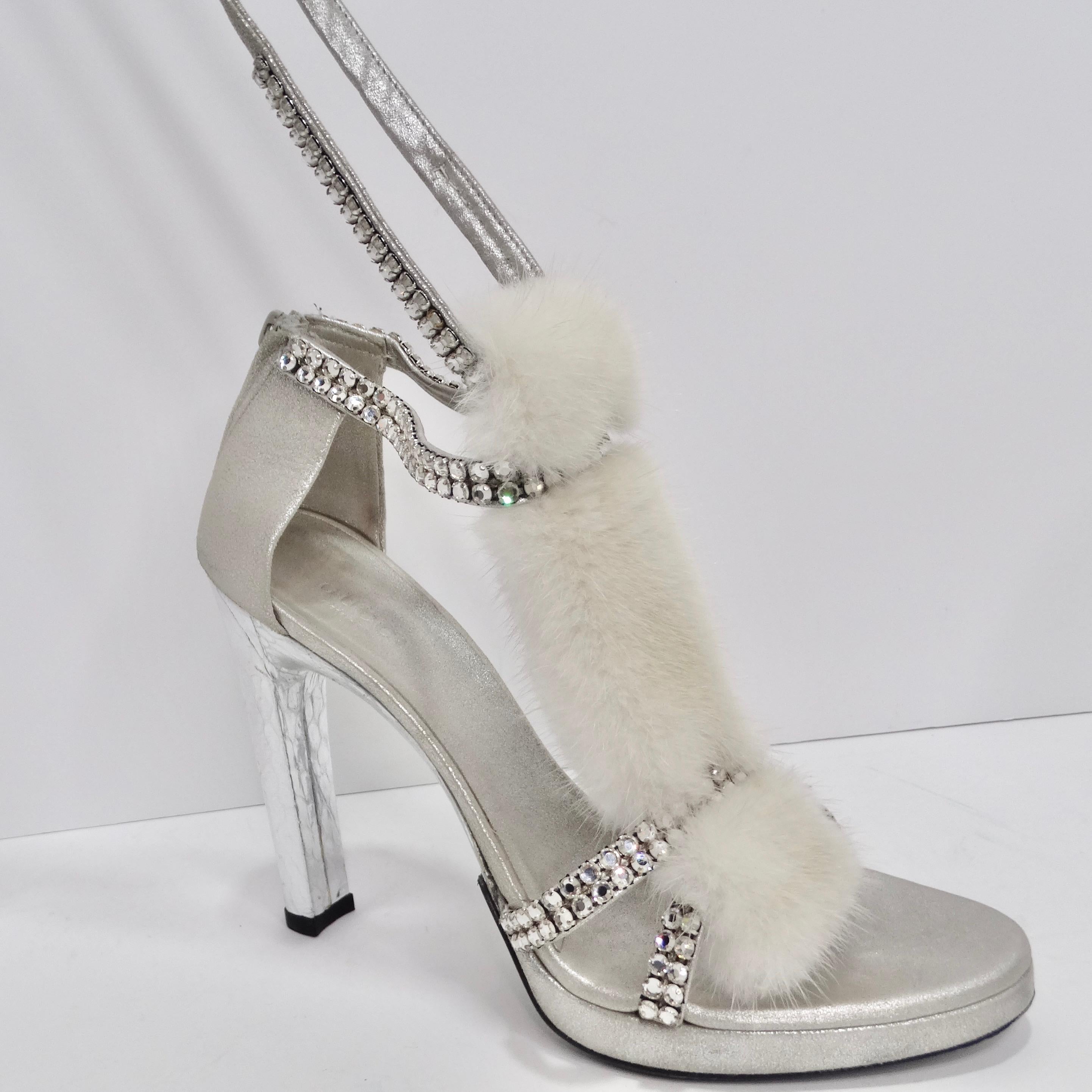 Tom Ford for Gucci Silver Strappy White Mink Leather Crystal Platform Shoes For Sale 2