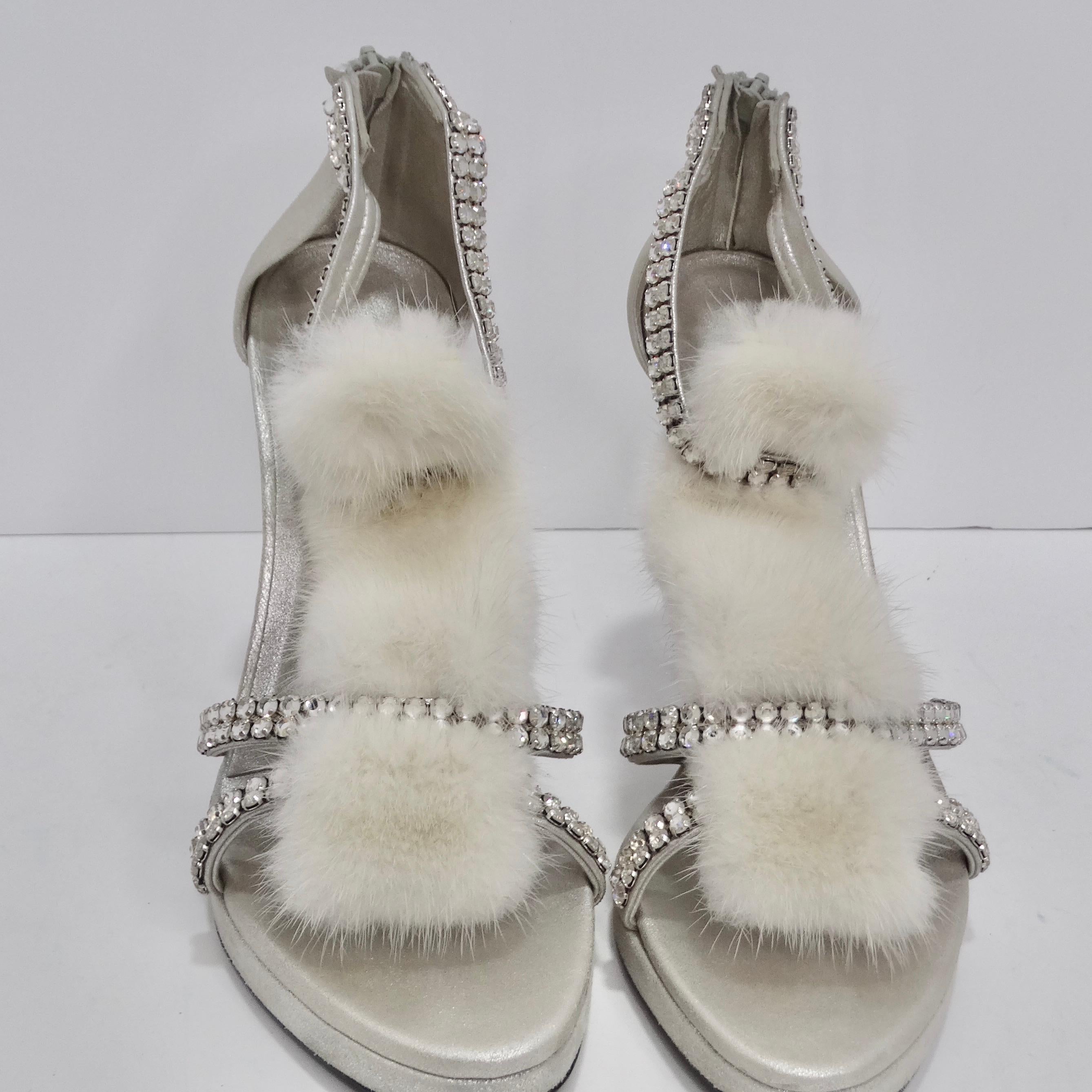 Tom Ford for Gucci Silver Strappy White Mink Leather Crystal Platform Shoes For Sale 3