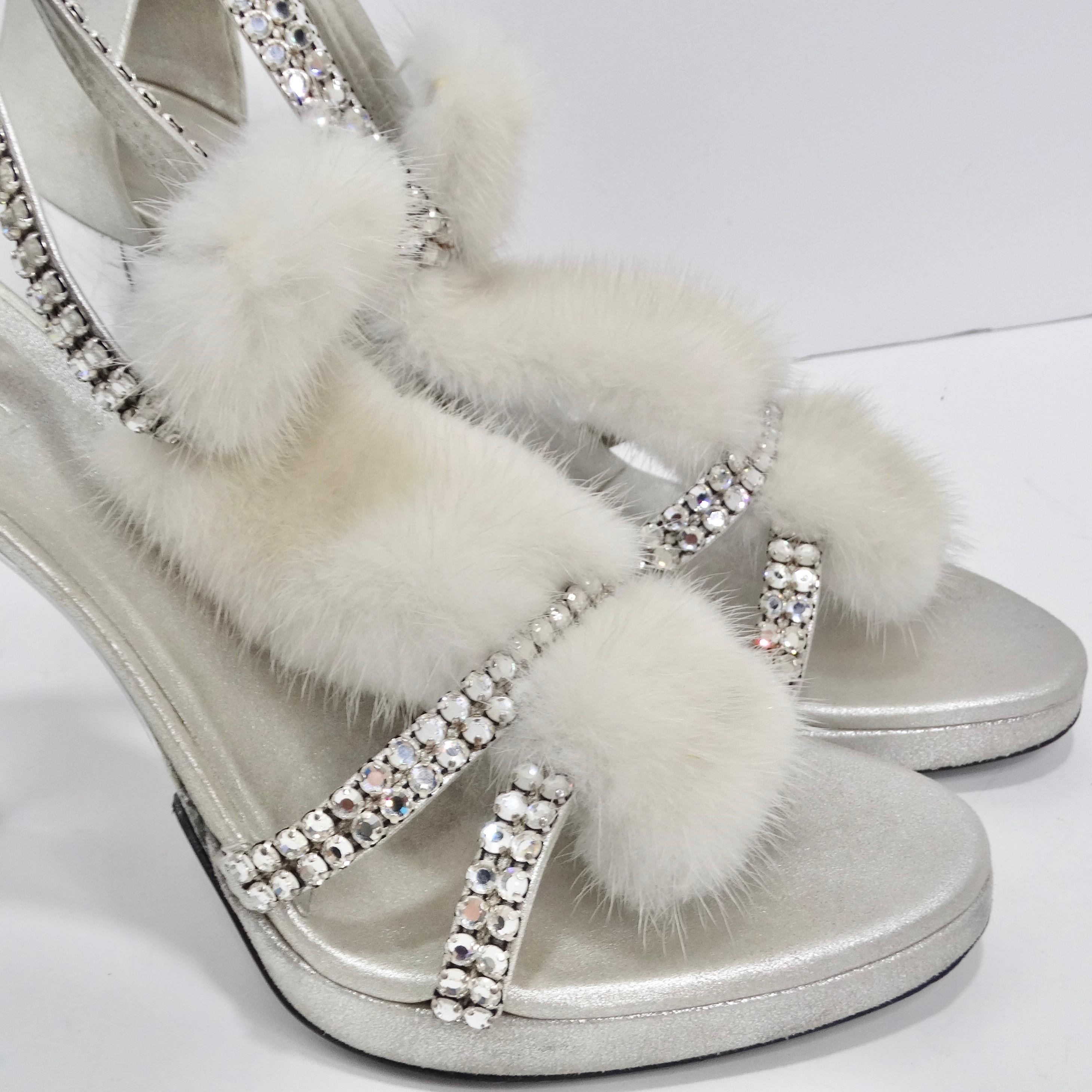 Tom Ford for Gucci Silver Strappy White Mink Leather Crystal Platform Shoes For Sale 4