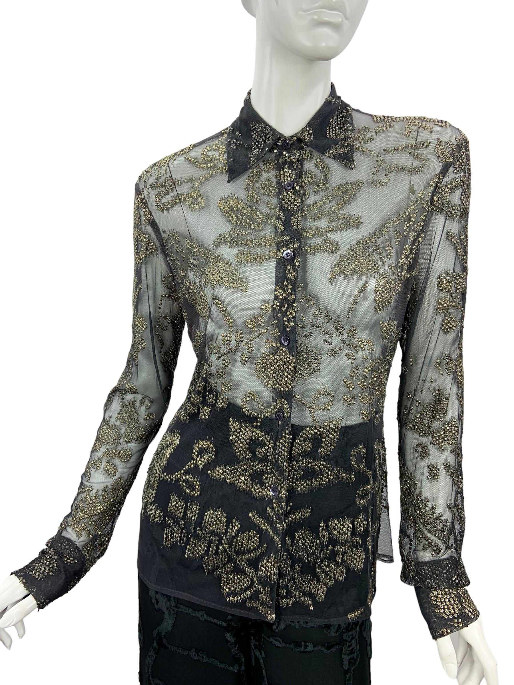 Especial and Rare for Gucci Collectors!!!
S/S 2000 Collection
Italian size - 42 ( oversized - please check measurements ).
Charcoal color tulle embellished with soft-gold tone metallic sequins in flower design. 
Button-up closure with Gucci