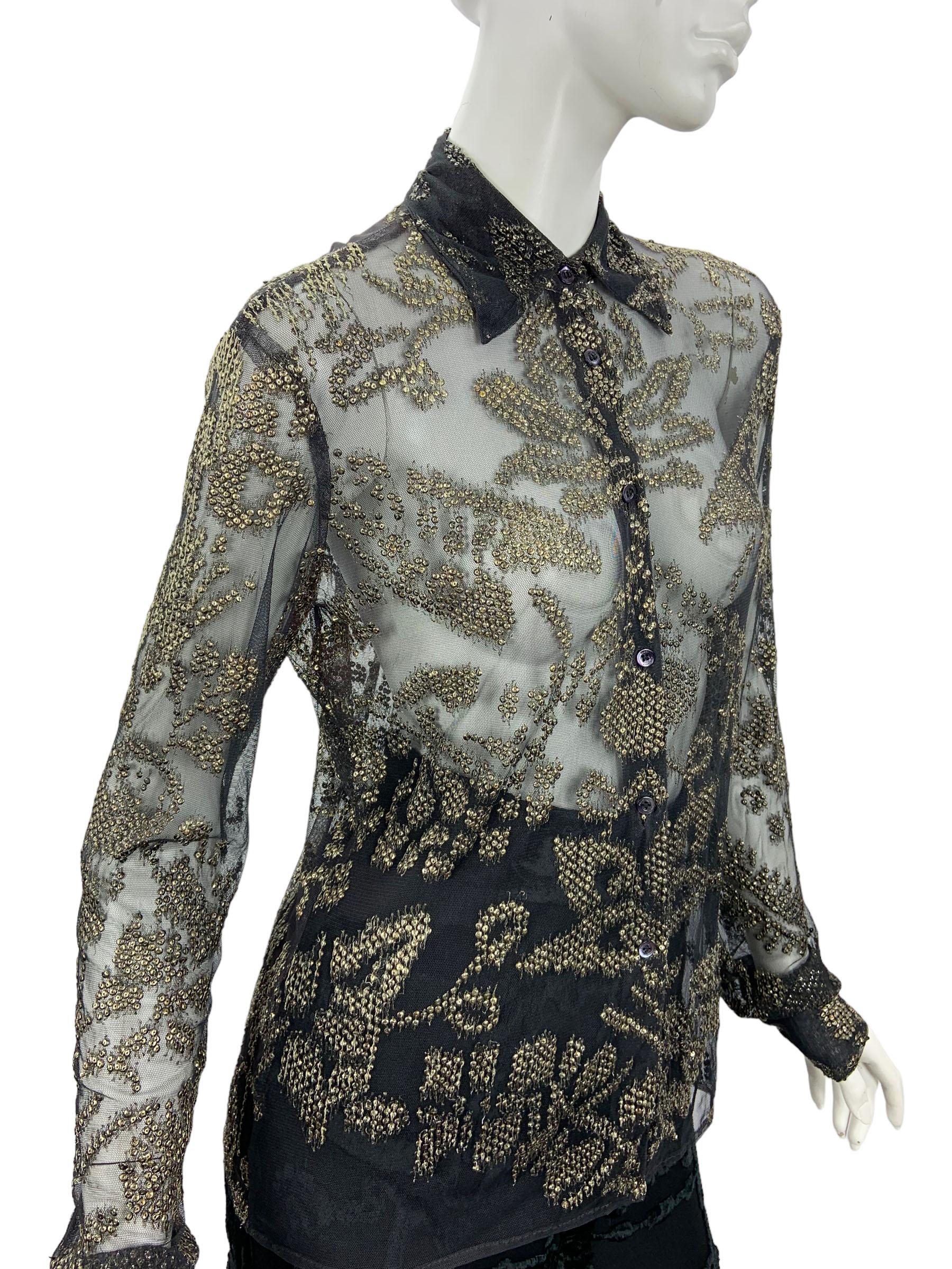 Black Tom Ford for Gucci SS 2000 Sheer Tulle Metal Sequin Embellished Top Blouse It 42 For Sale