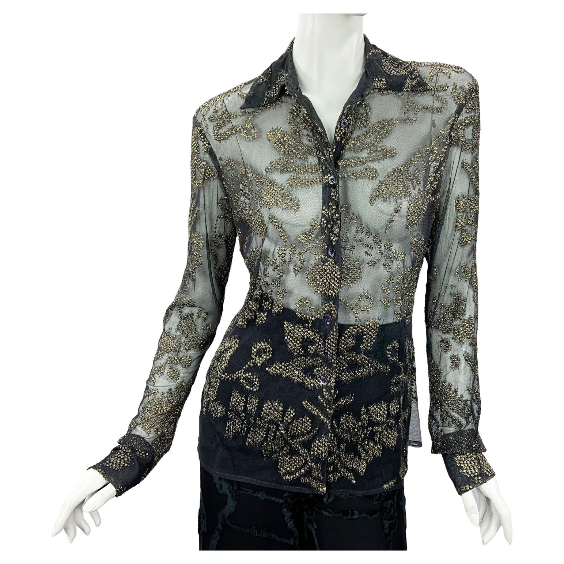 Tom Ford for Gucci SS 2000 Sheer Tulle Metal Sequin Embellished Top Blouse It 42 For Sale