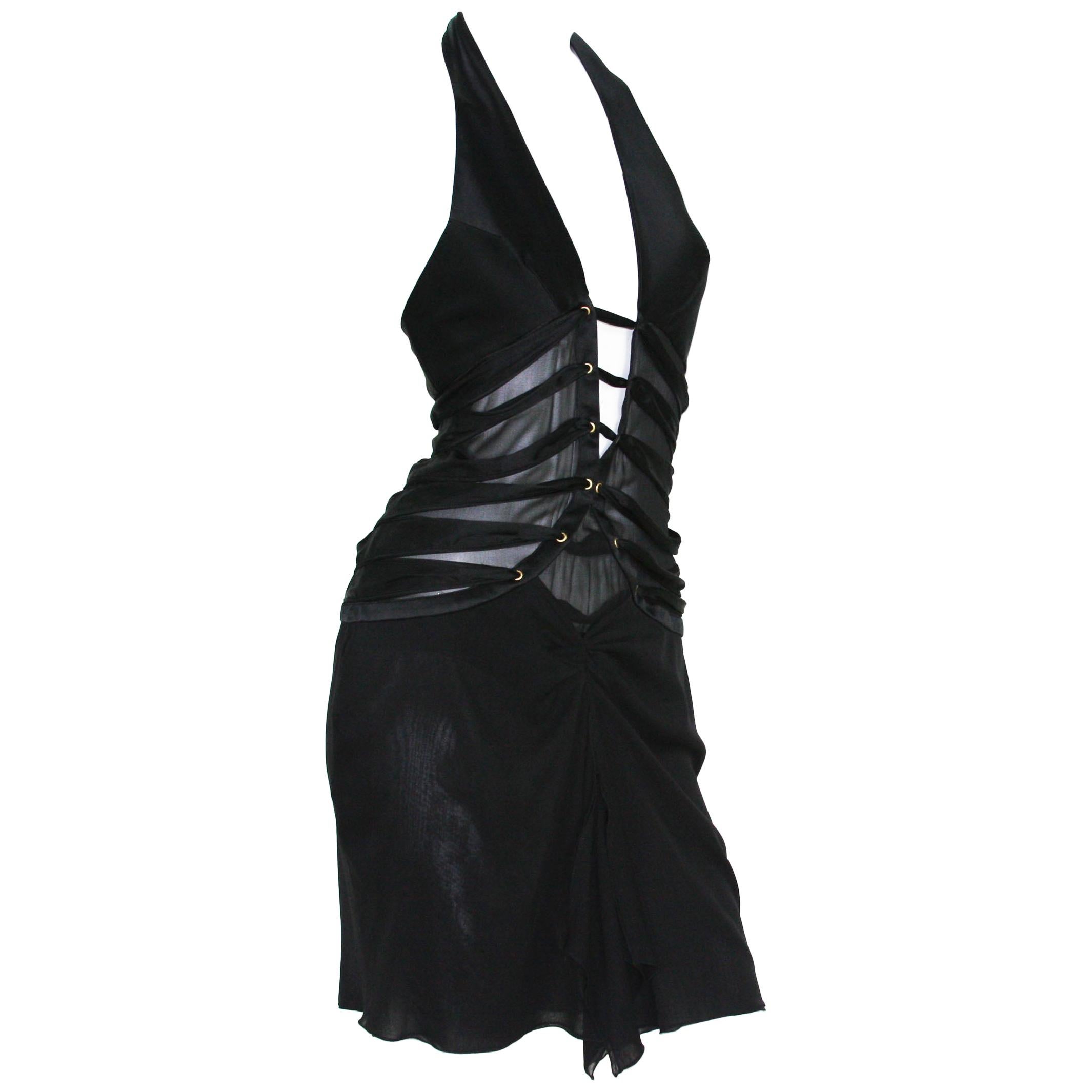 Tom Ford for Gucci SS 2003 Collection Deep Plunging Halter Mini Cut Out Dress 44