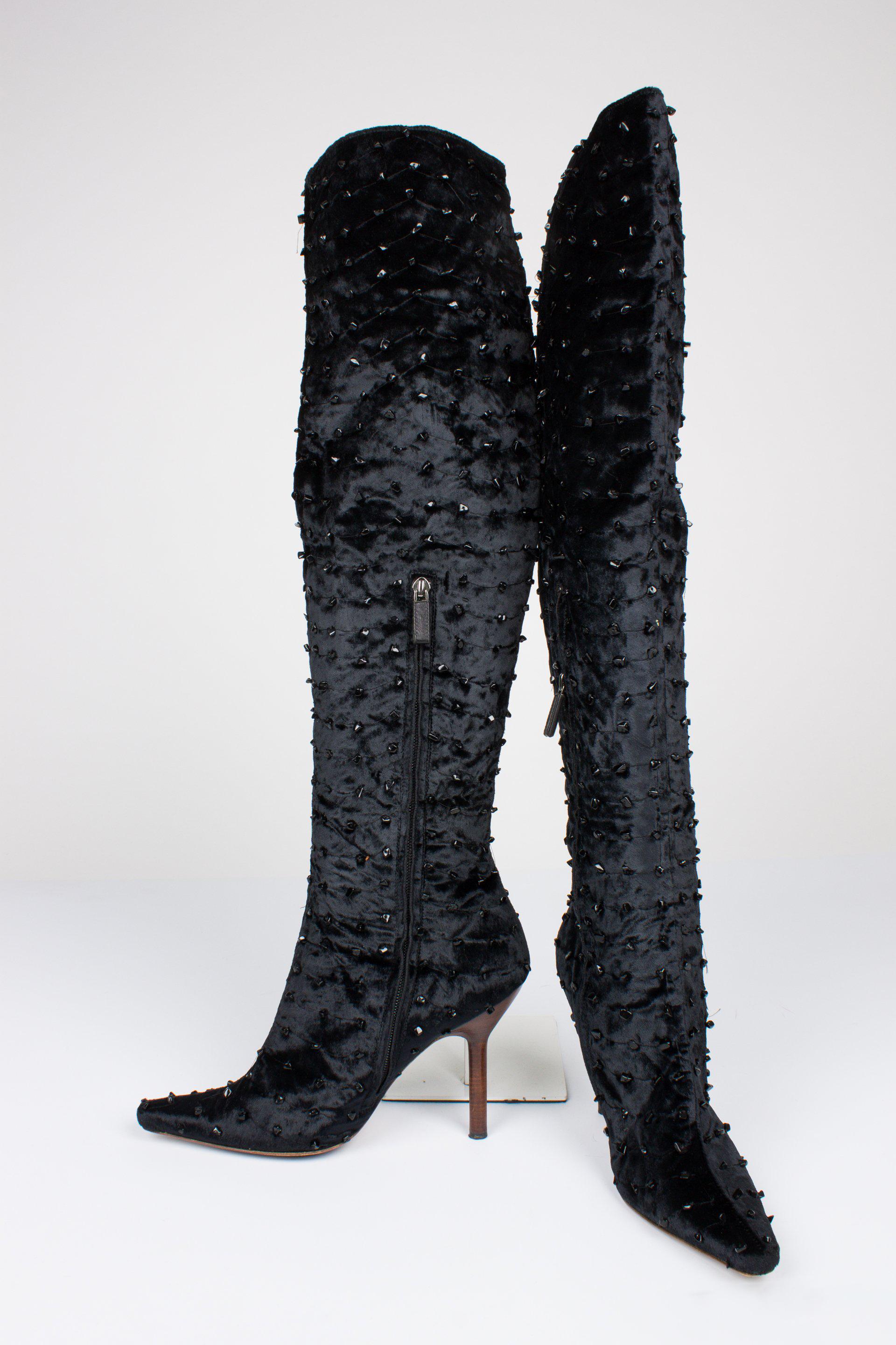 Black Tom Ford for Gucci Velvet Beaded Over-knee Boots - black 1990S