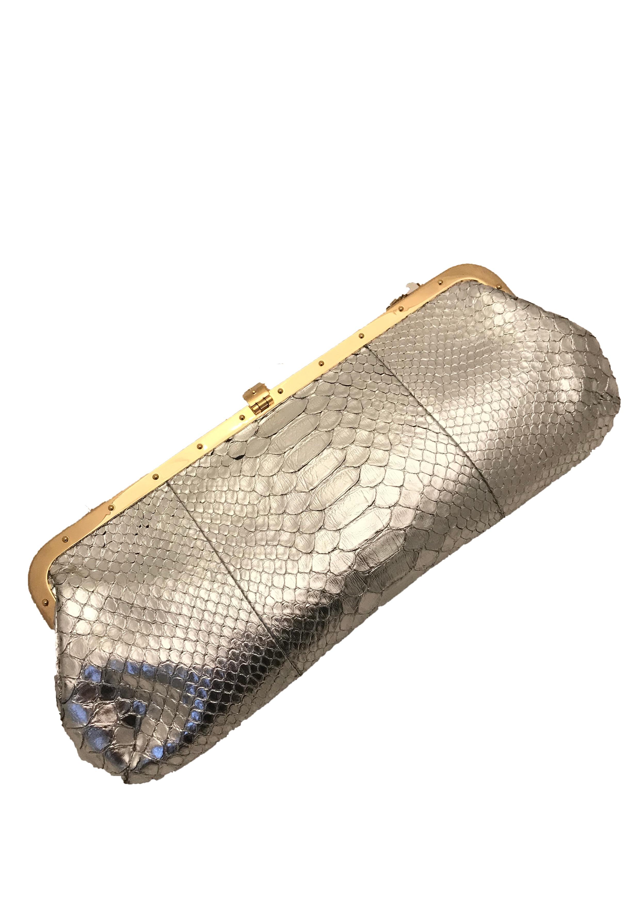 Limited Edition silver python dragon shoulder bag by Tom Ford for Gucci. From the F/W 2004 collection. Metallic silver python skin with shiny gold toned framing and removable bamboo chain strap. Can be worn over the shoulder, or as a clutch bag with