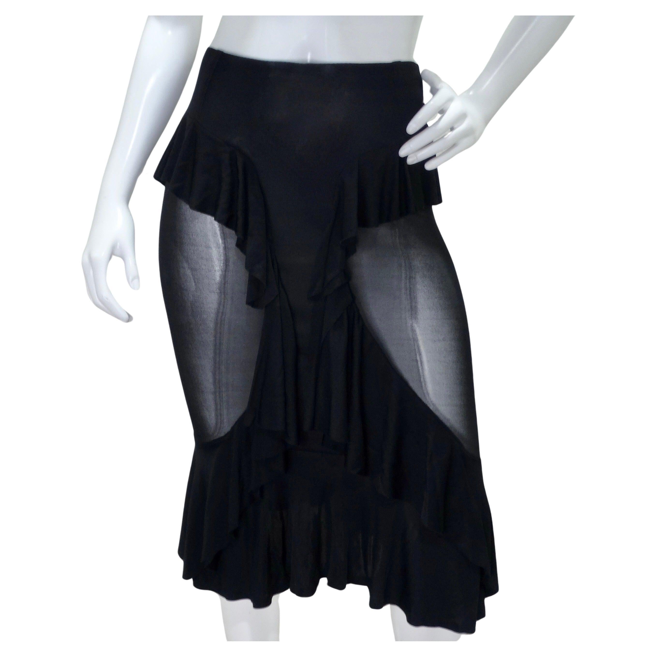Tom Ford for Yves Saint Laurent Black Ruffled Sheer Midi Skirt For Sale