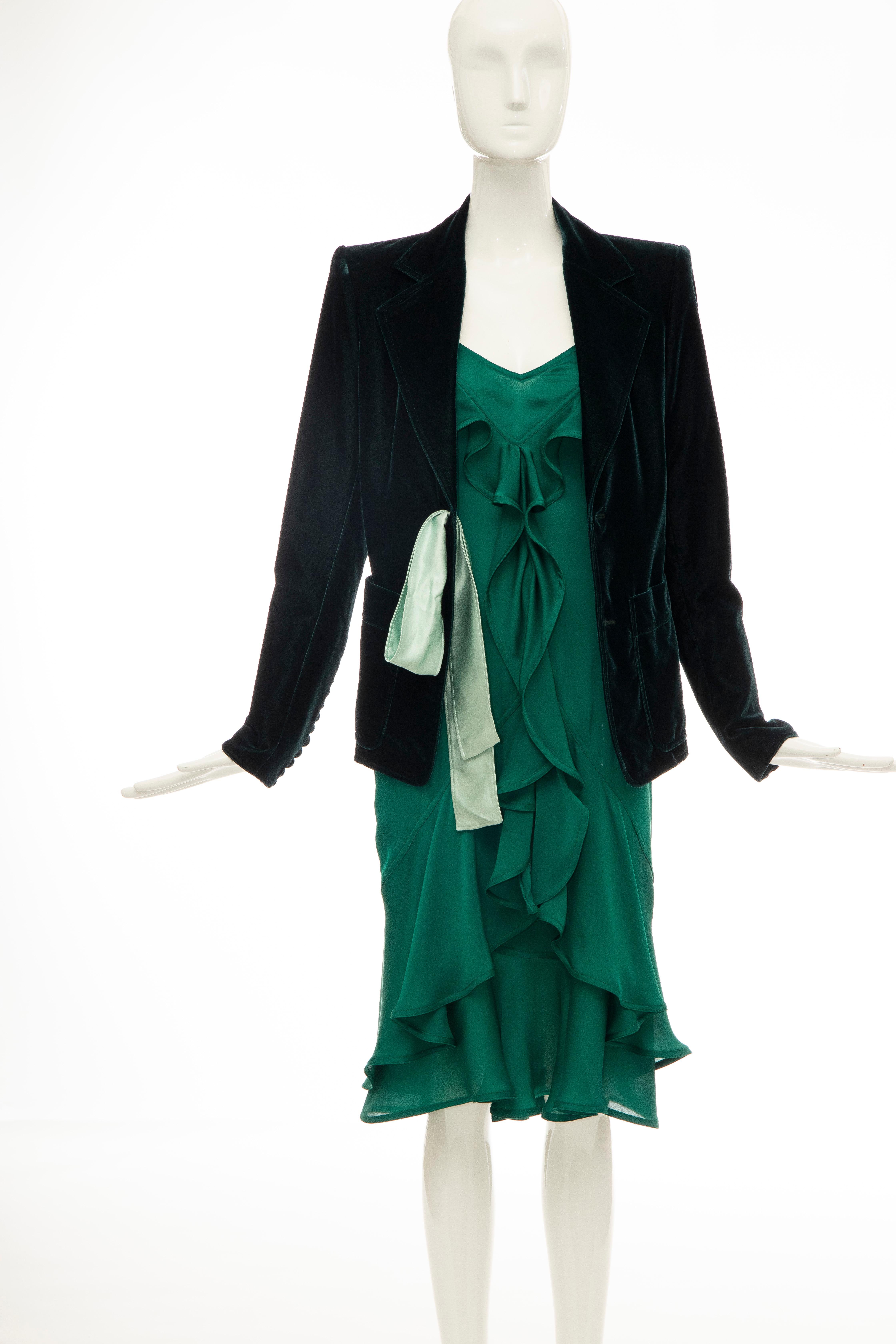 Tom Ford for Yves Saint Laurent Emerald Green Velvet Silk Dress Suit,  Fall 2003 5