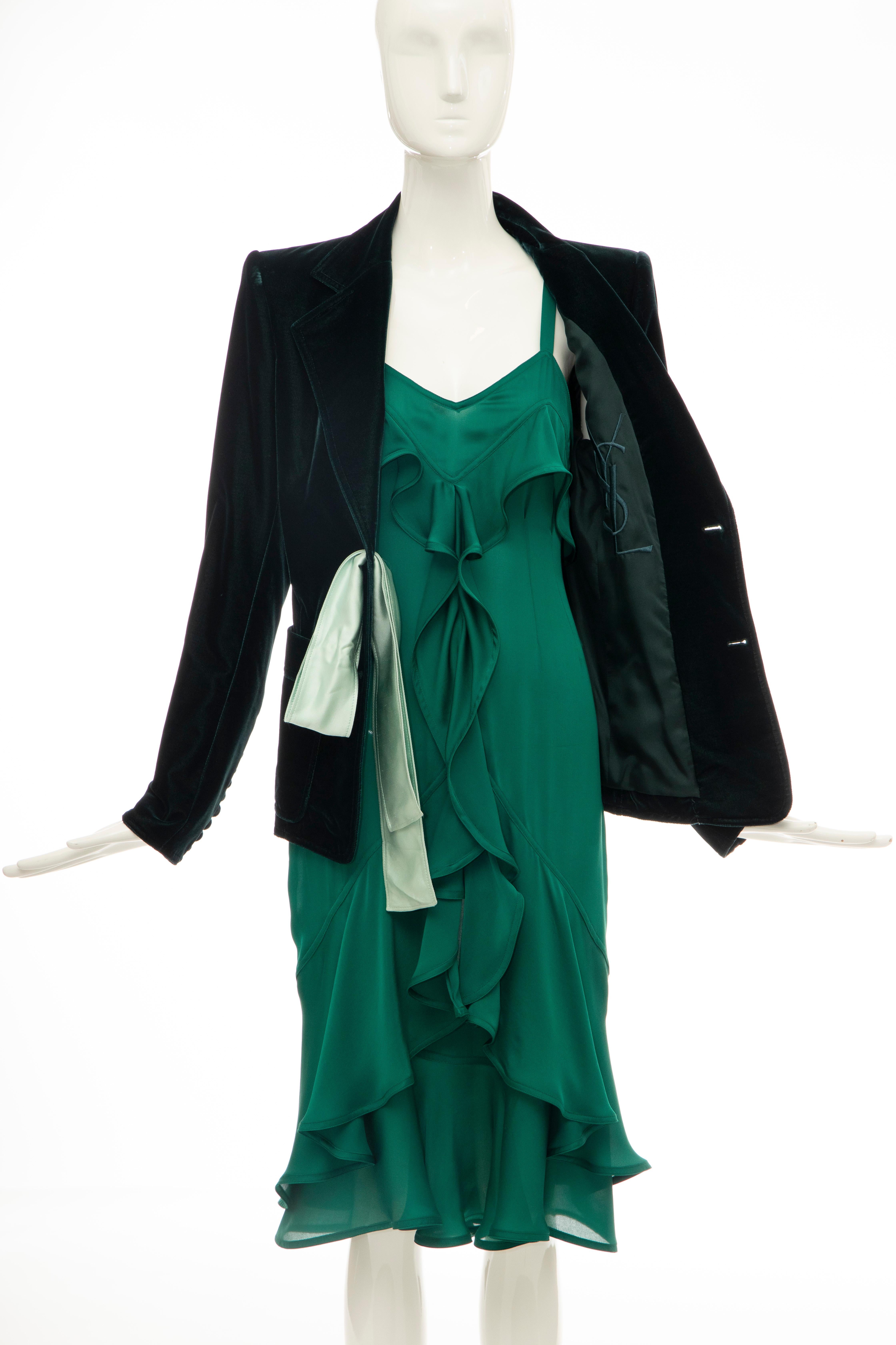 Tom Ford for Yves Saint Laurent Emerald Green Velvet Silk Dress Suit,  Fall 2003 6