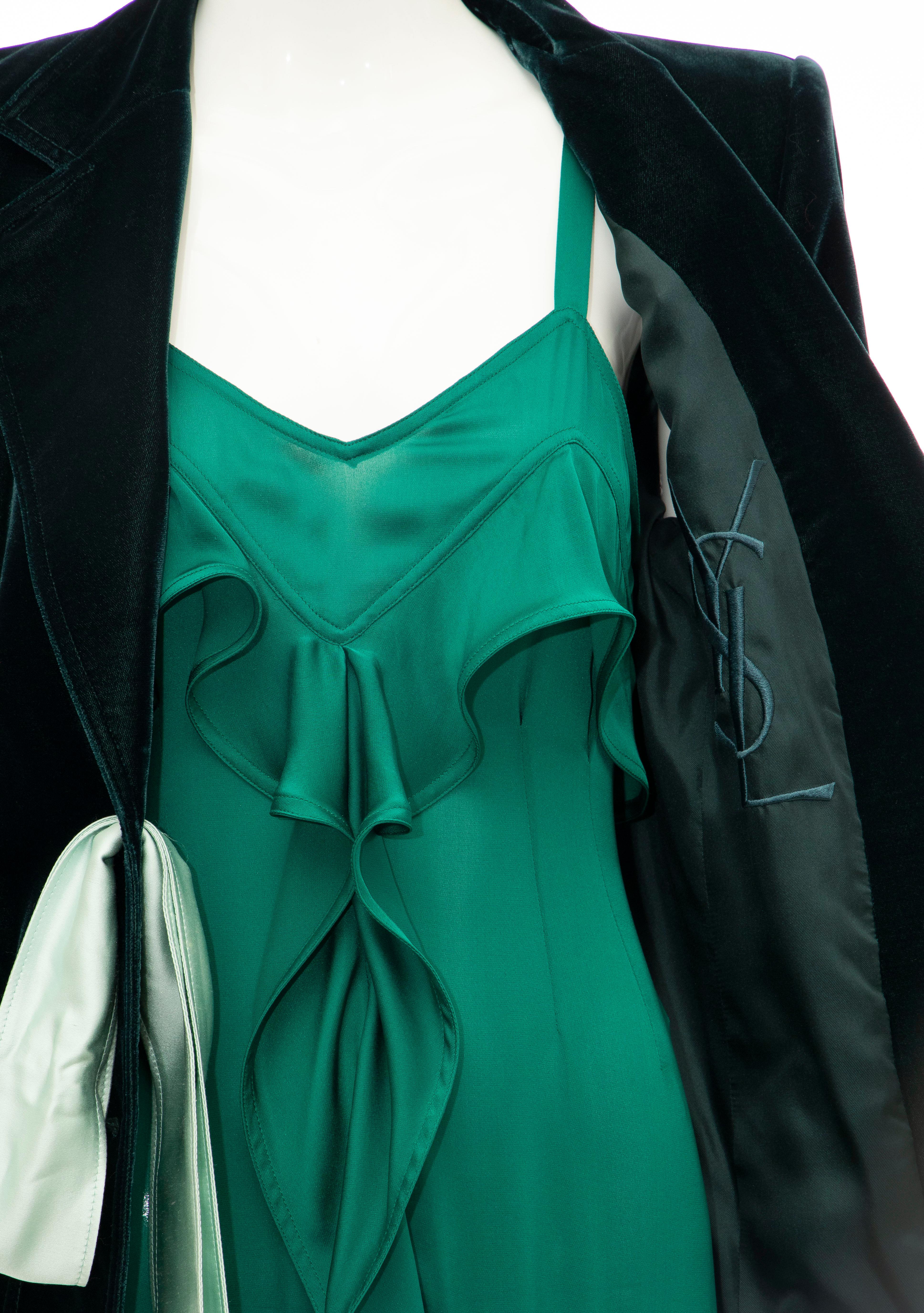 Tom Ford for Yves Saint Laurent Emerald Green Velvet Silk Dress Suit,  Fall 2003 7