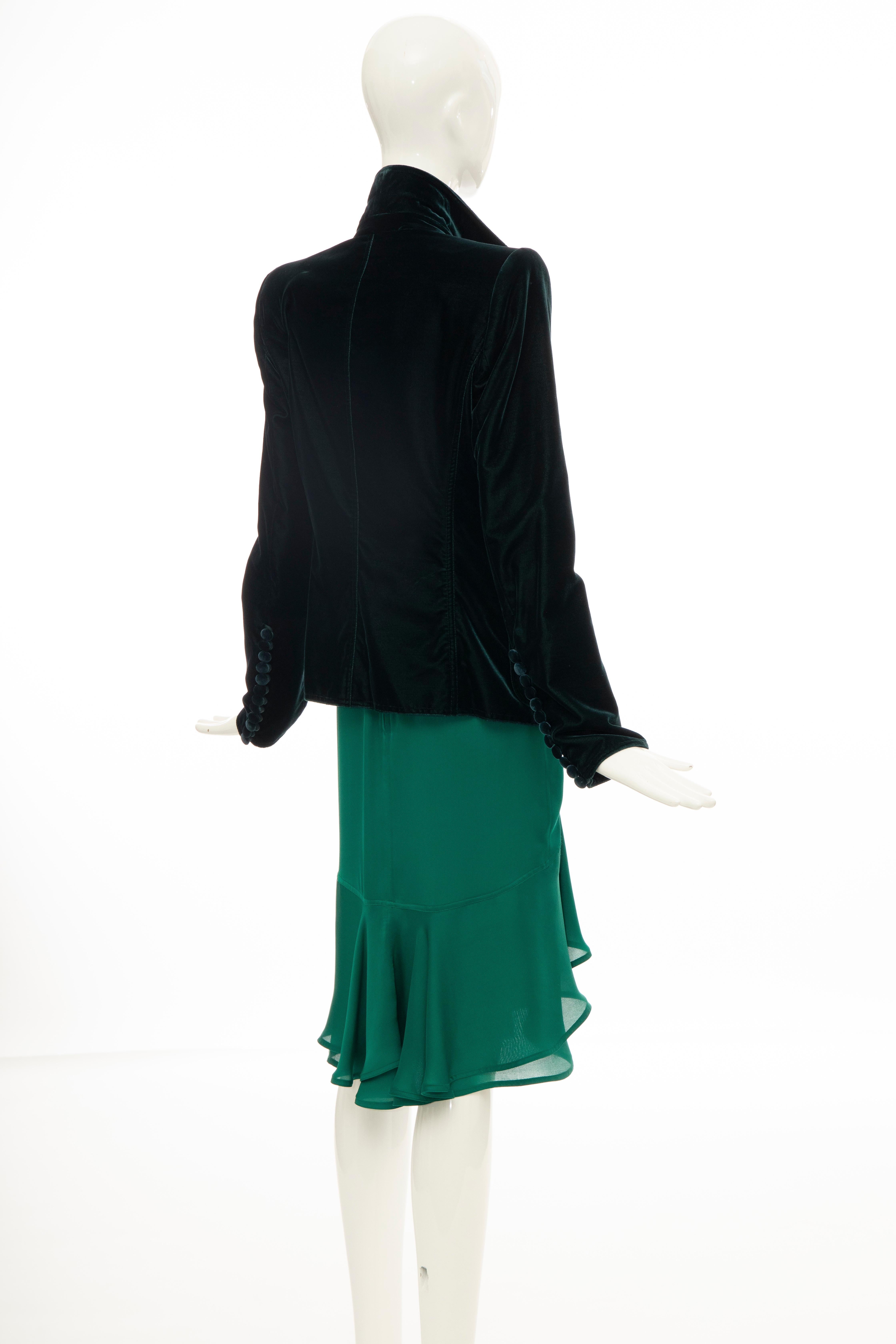 Tom Ford for Yves Saint Laurent Emerald Green Velvet Silk Dress Suit,  Fall 2003 In Good Condition In Cincinnati, OH