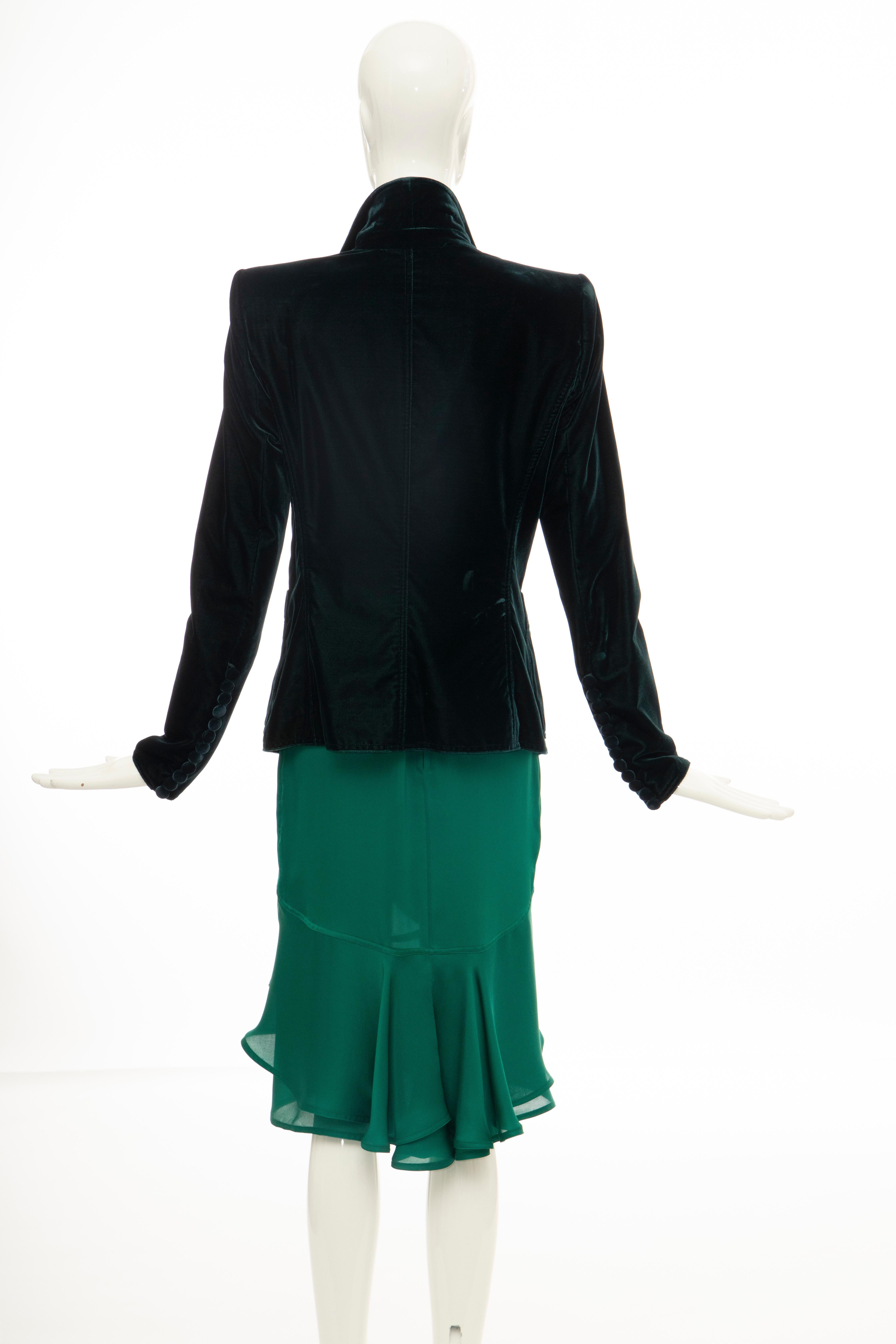 Women's Tom Ford for Yves Saint Laurent Emerald Green Velvet Silk Dress Suit,  Fall 2003