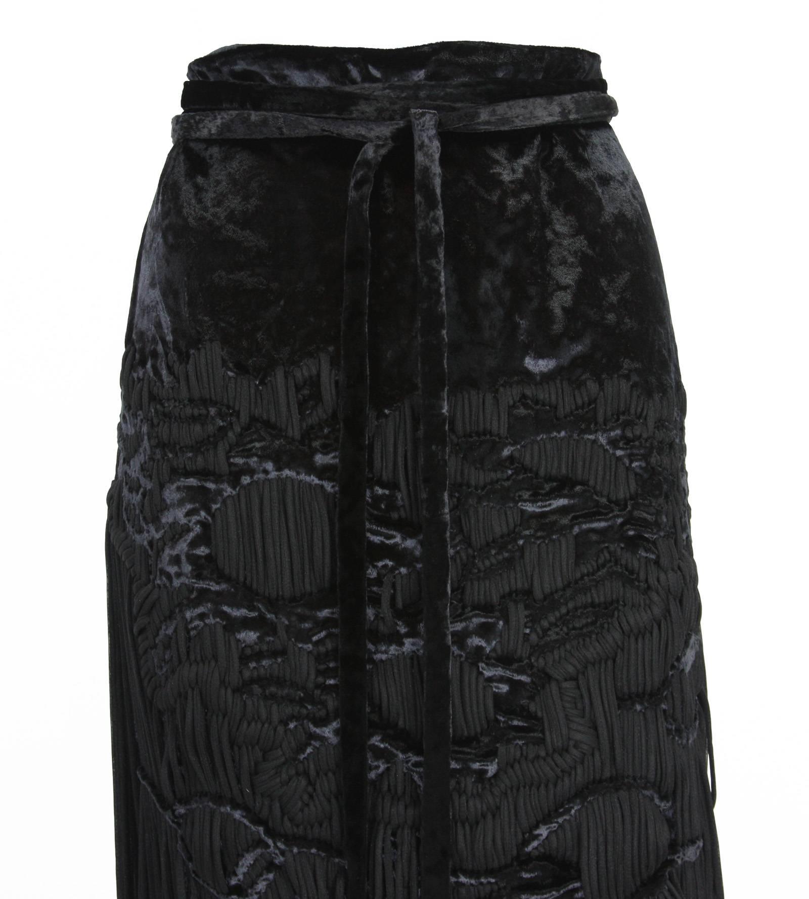 Black  Tom Ford for Yves Saint Laurent F/W 2001 Velvet Fringe Runway Skirt  French 38 For Sale