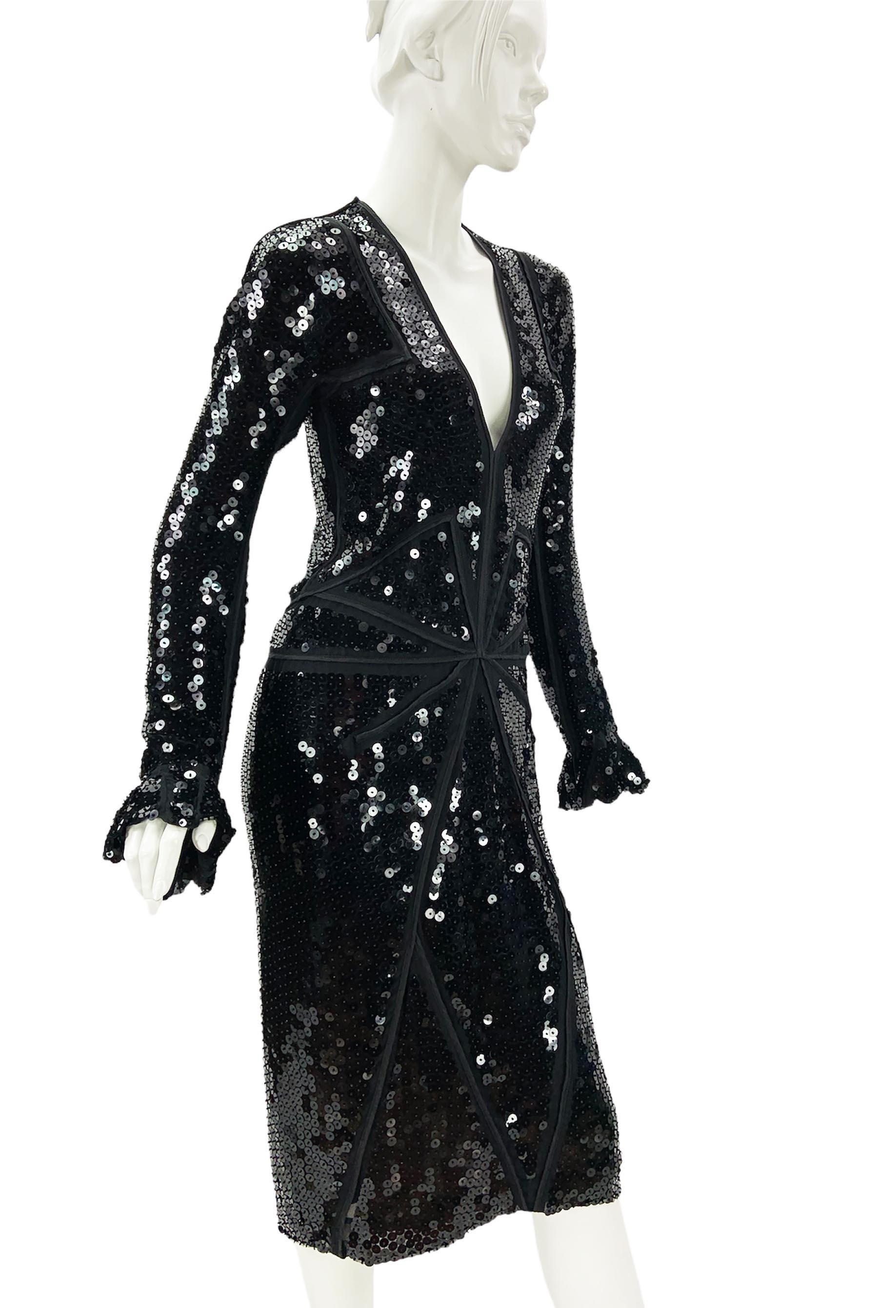 Tom Ford for Yves Saint Laurent Rive Gauche Evening Embellished Dress
F/W 2002 Collection - Very Rare Find !!!
French size - 38
Black silk fully embellished with sequins, and each sequin finished with a little bead.  Plunging neckline, fitted