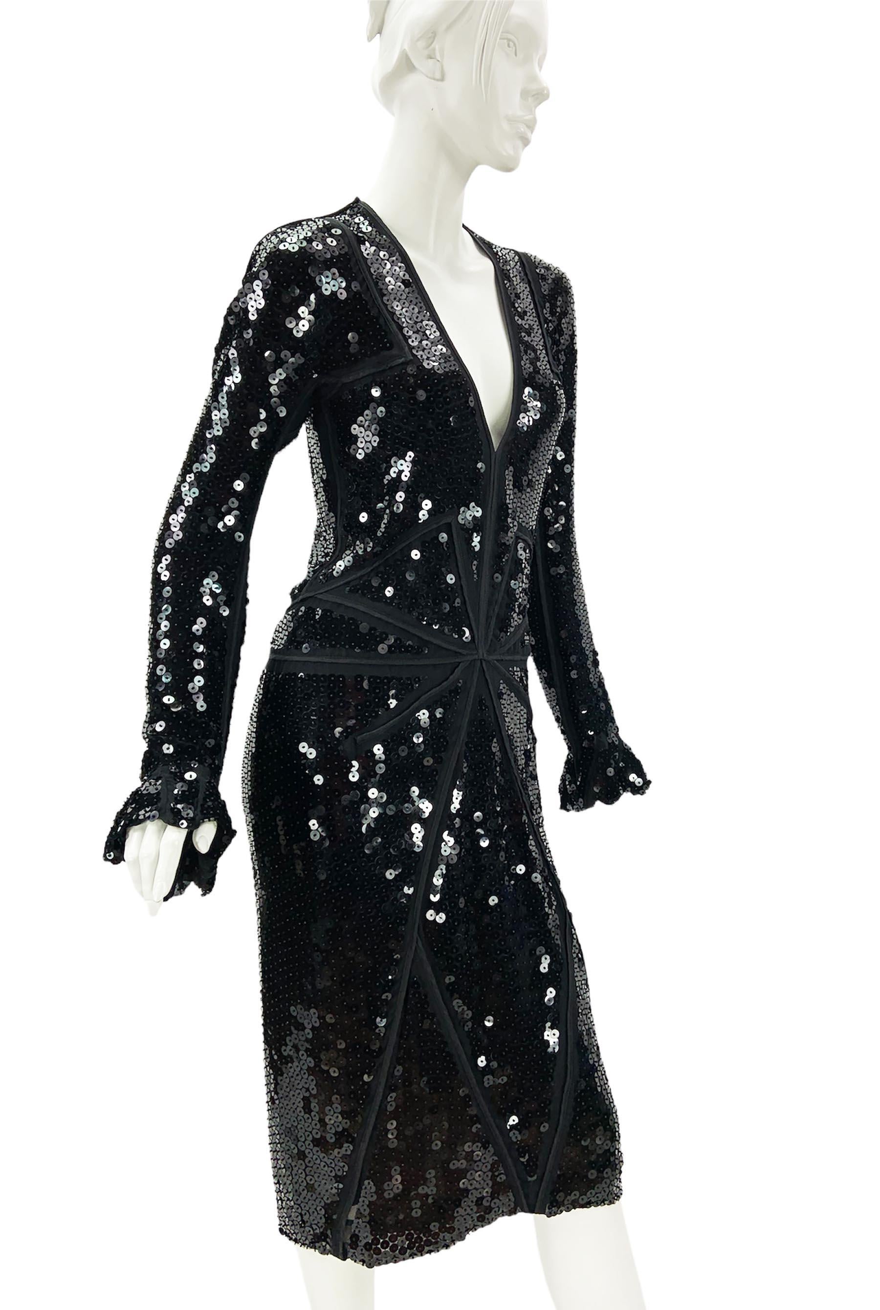 Tom Ford for Yves Saint Laurent Rive Gauche Evening Embellished Dress
F/W 2002 Collection - Very Rare Find !!!
French size - 38
Black silk fully embellished with sequins, and each sequin finished with a little bead.  Plunging neckline, fitted