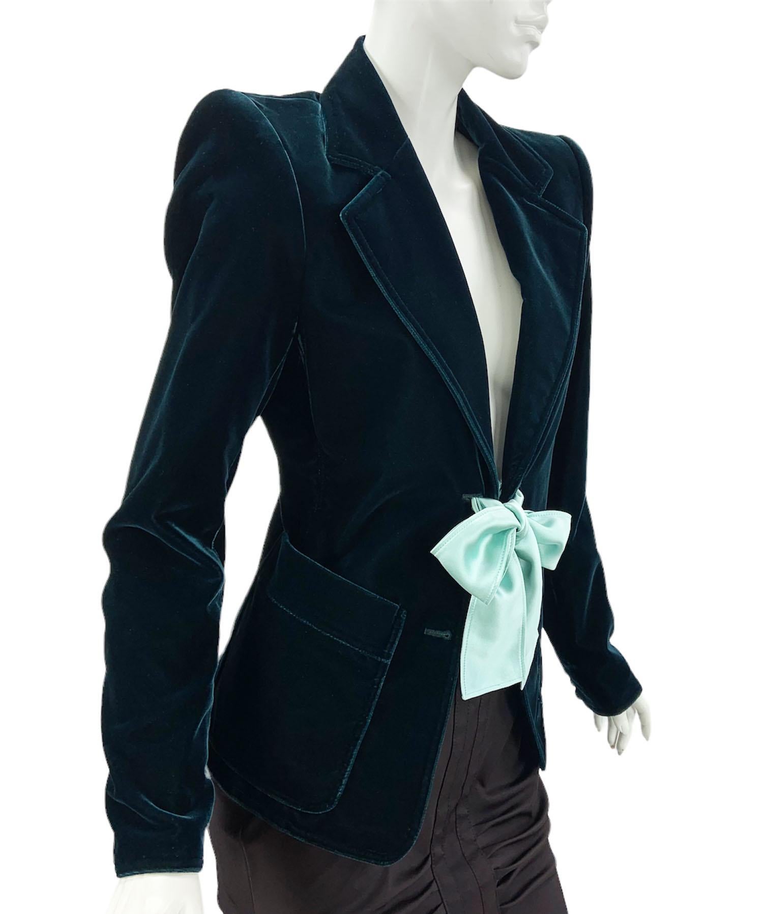 Tom Ford for Yves Saint Laurent F/W 2003 Green Velvet Bow Blazer Jacket  Fr. 38  2