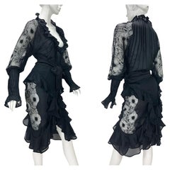Used Tom Ford for Yves Saint Laurent F/W 2003 Lace Silk Ruffle Skirt Suit French 40