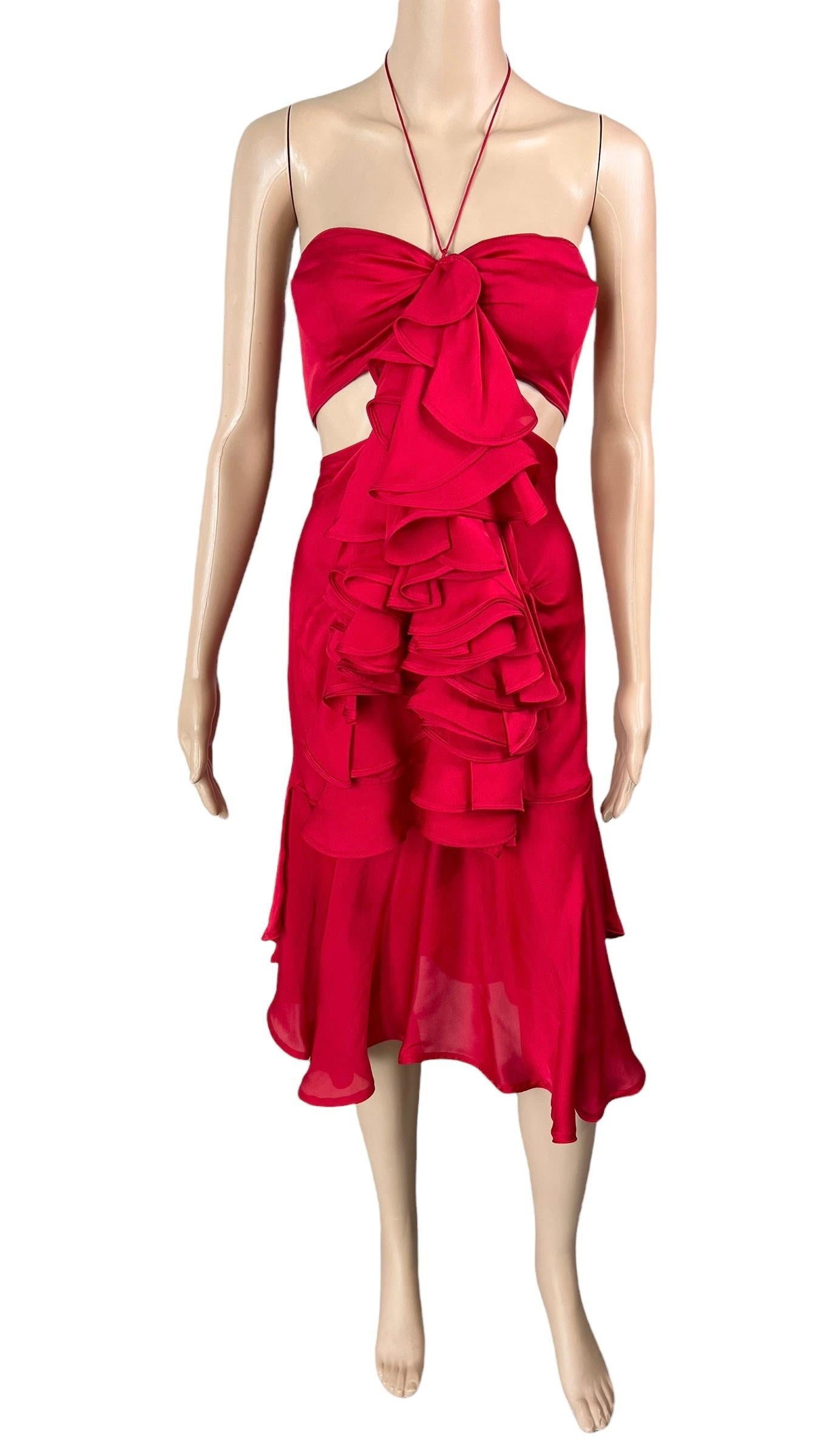 Tom Ford for Yves Saint Laurent  F/W 2003 Runway Ruffled Cutout Bra Red Dress  In Good Condition For Sale In Naples, FL