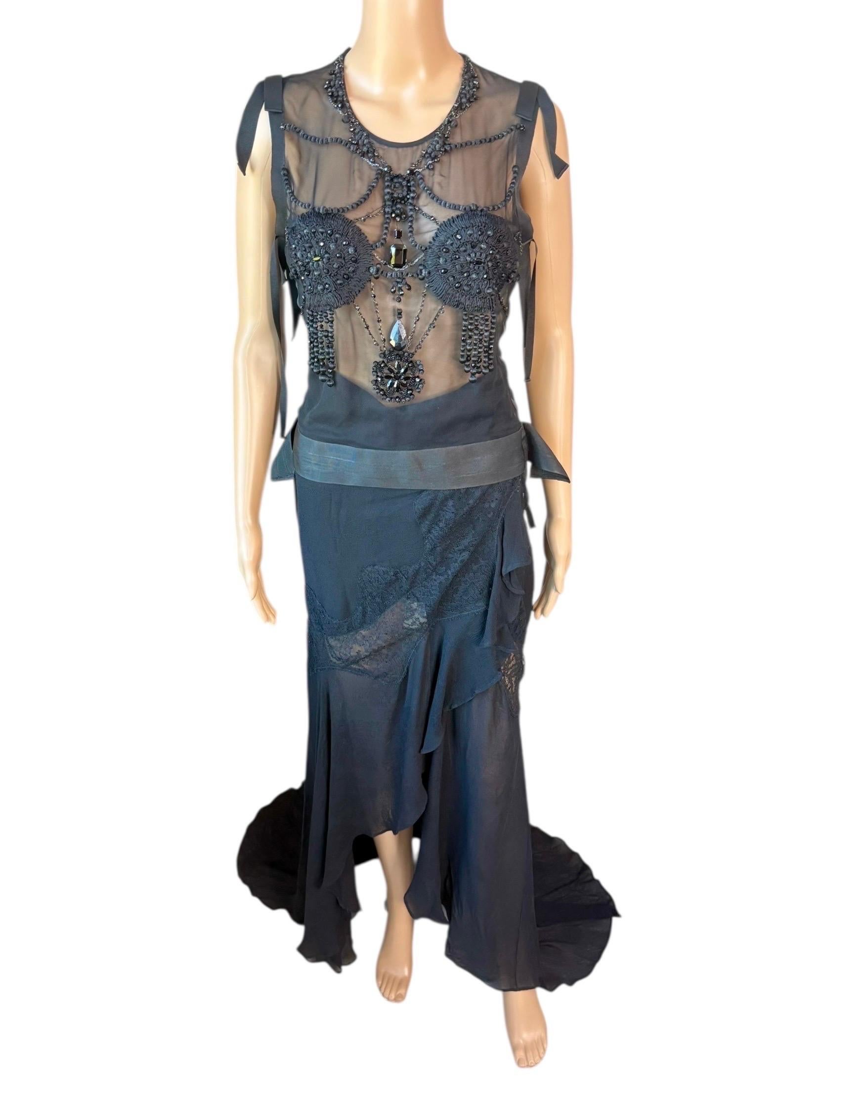Tom Ford for Yves Saint Laurent F/W 2003 Runway Sheer Bra Top& Skirt 2 Piece Set in vendita 8