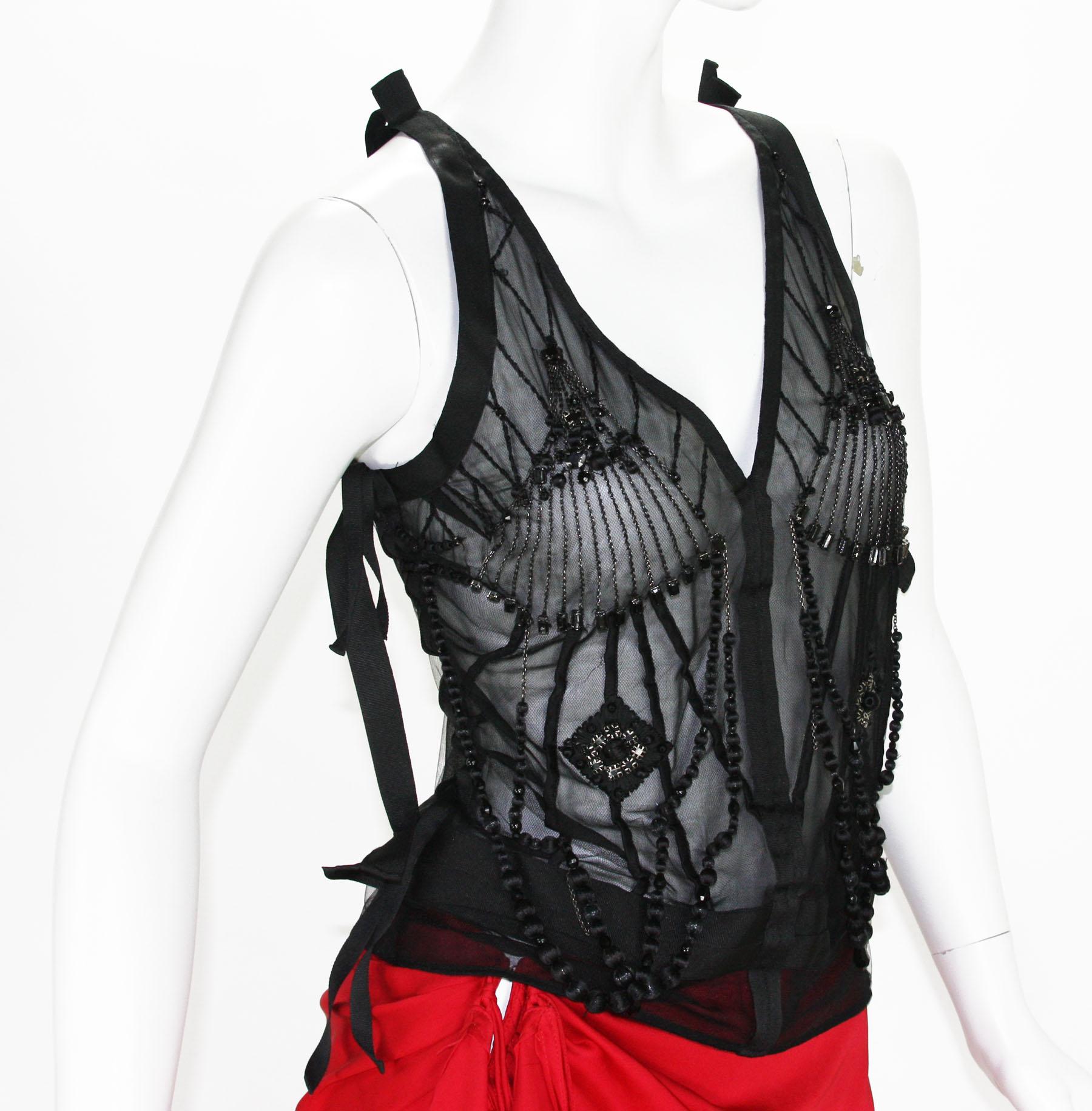 Tom Ford for Yves Saint Laurent F/W 2003 Silk Skirt Beaded Sheer Black Top Set For Sale 5