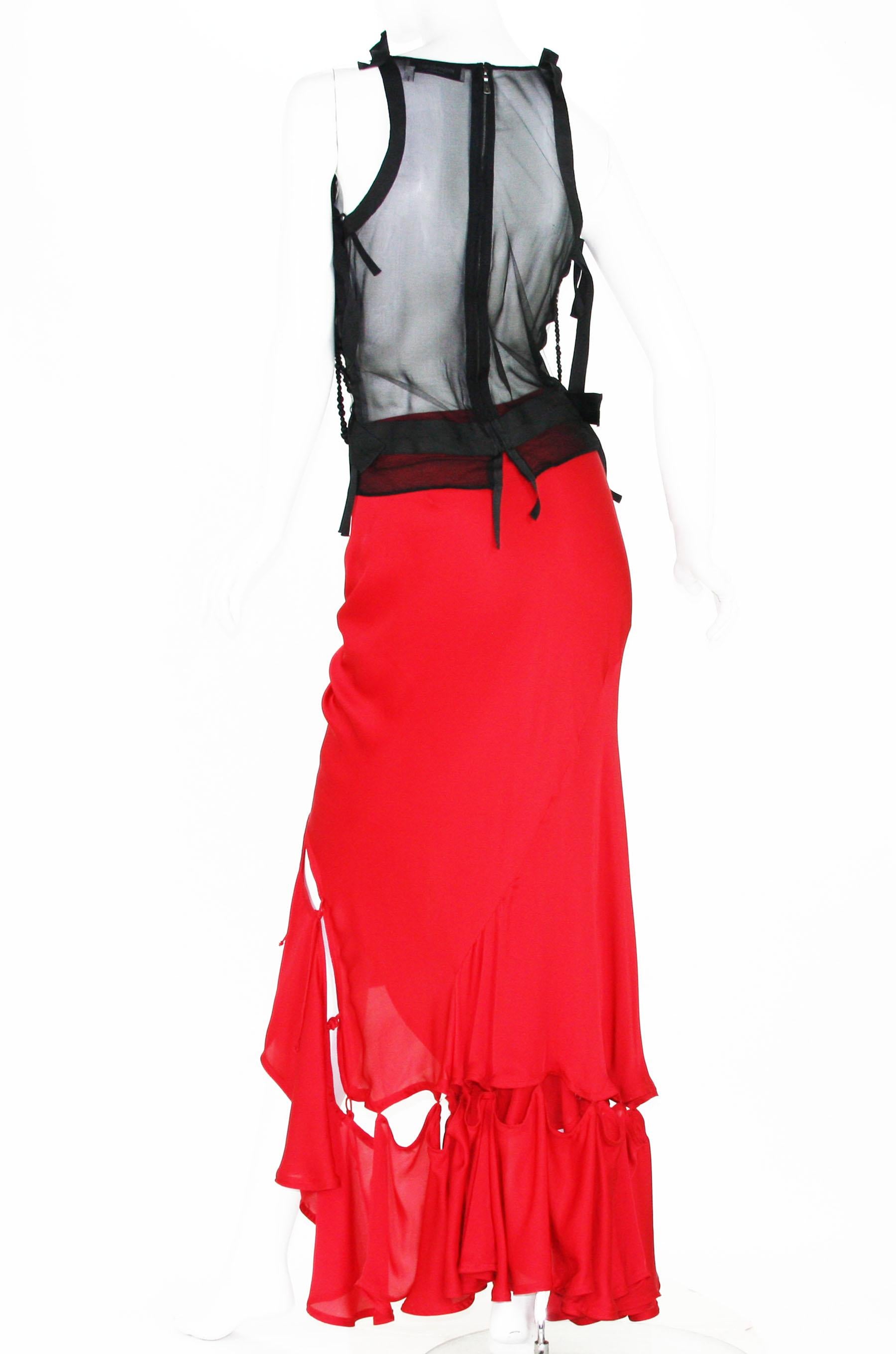 Rouge Tom Ford pour Yves Saint Laurent - Ensemble haut noir transparent en soie avec jupe et jupe en perles, automne-hiver 2003 en vente