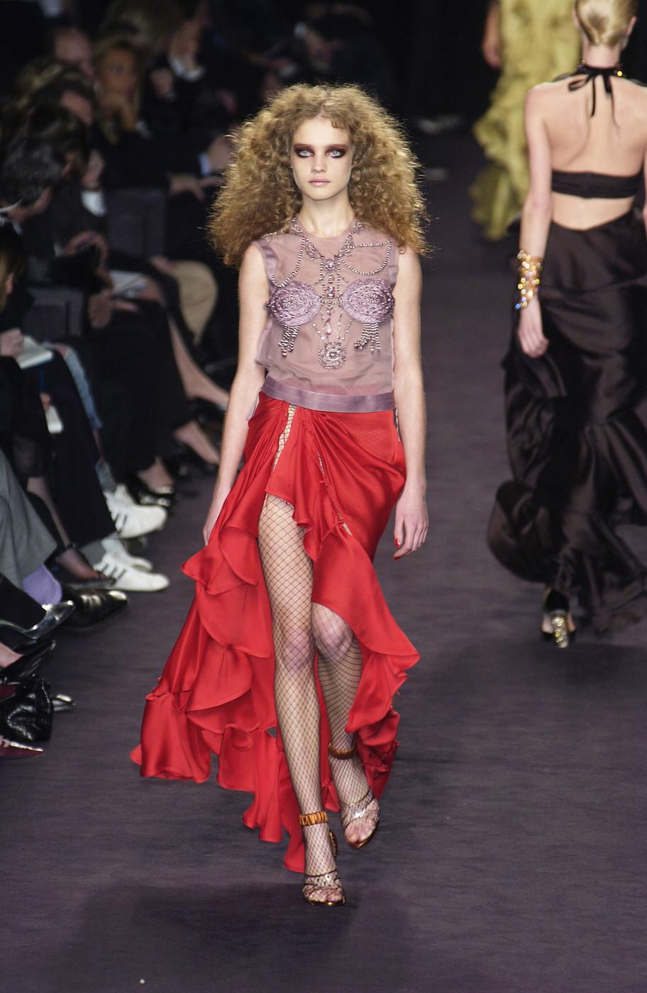 Red Tom Ford for Yves Saint Laurent F/W 2003 Silk Skirt Beaded Sheer Black Top Set For Sale