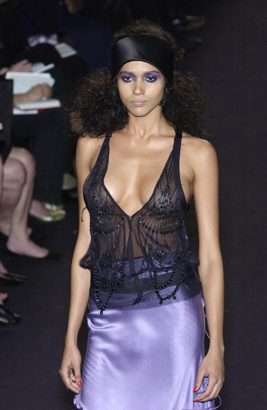 Tom Ford for Yves Saint Laurent F/W 2003 Silk Skirt Beaded Sheer Black Top Set For Sale 1