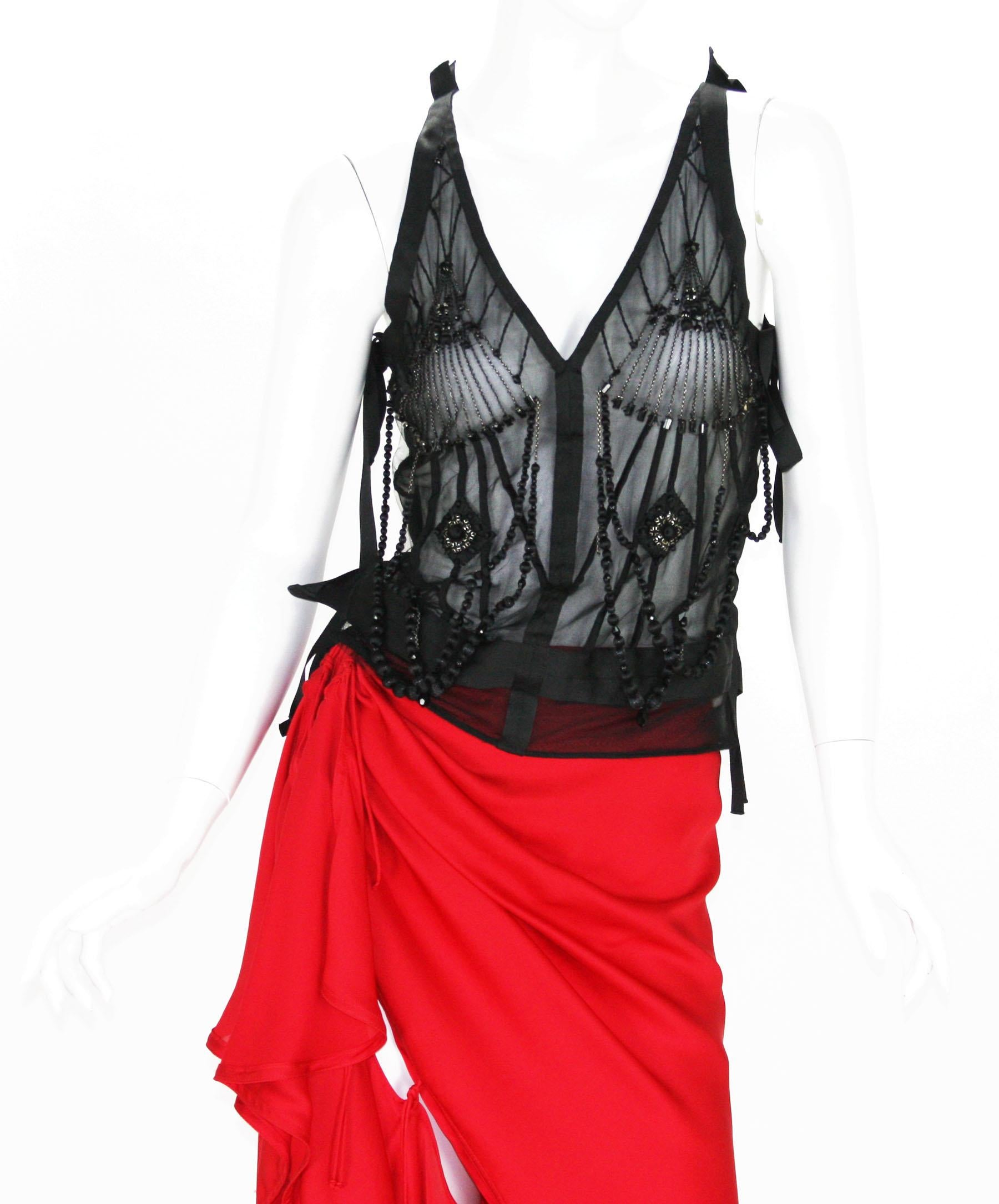 Tom Ford for Yves Saint Laurent F/W 2003 Silk Skirt Beaded Sheer Black Top Set For Sale 2
